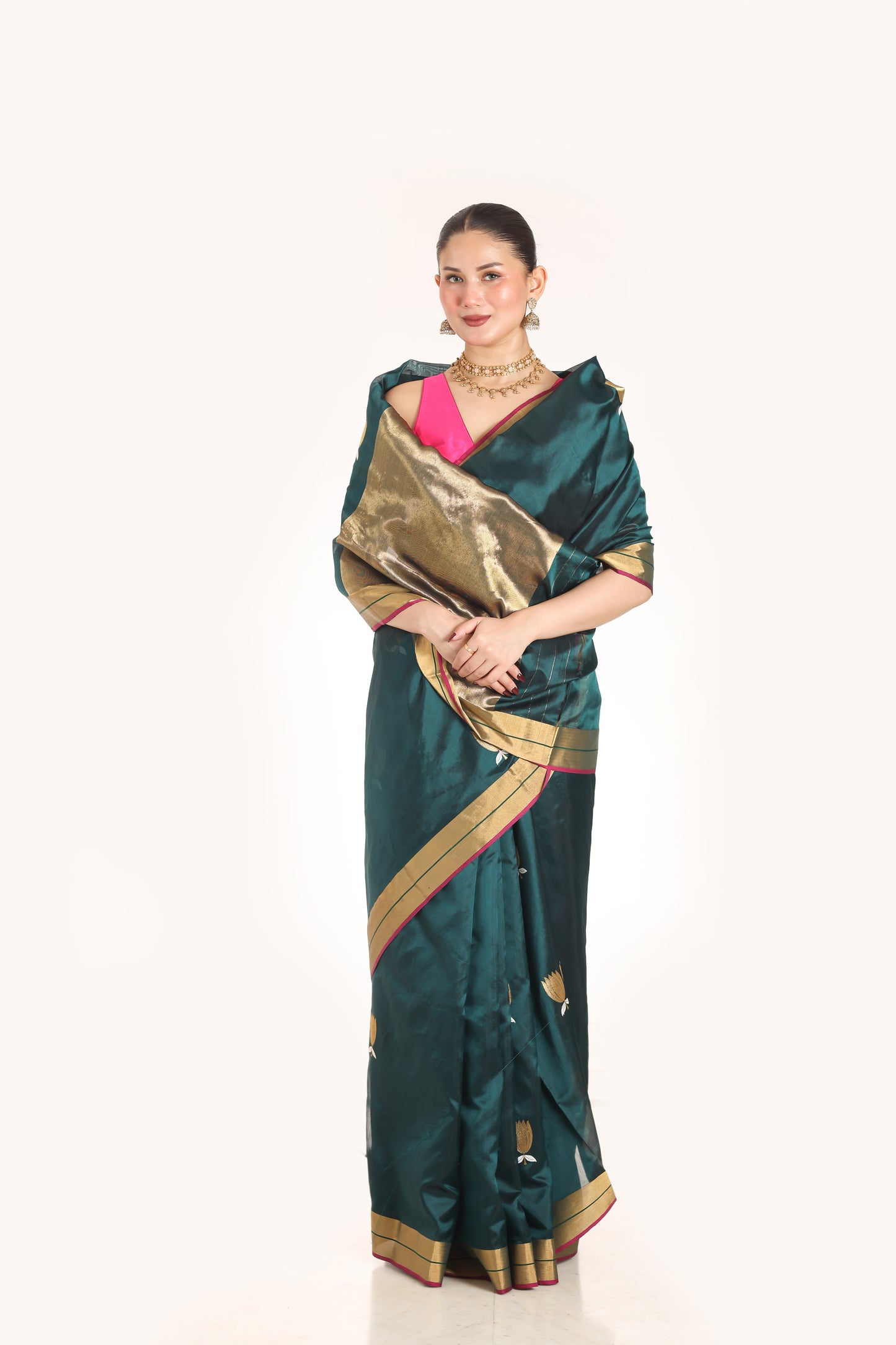 Rama Green pure chanderi silk handwoven saree with sona Chandi lotus motif