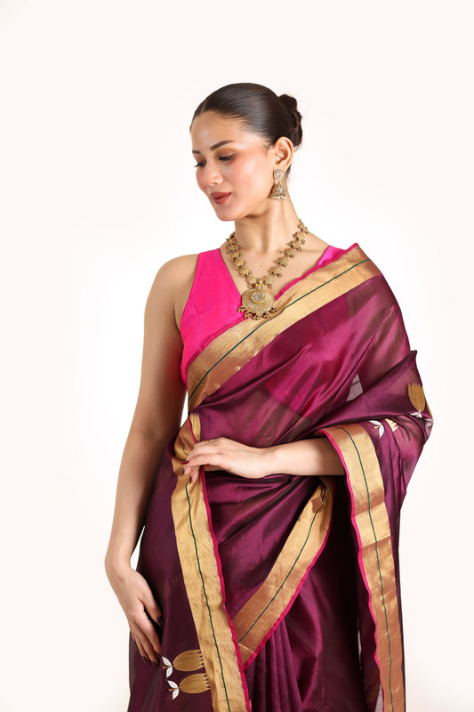 Wine pure chanderi silk handwoven saree with Sona Chandi lotus motif