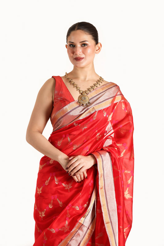 Red pure chanderi silk handwoven saree with all over meenakari buttis , front close up