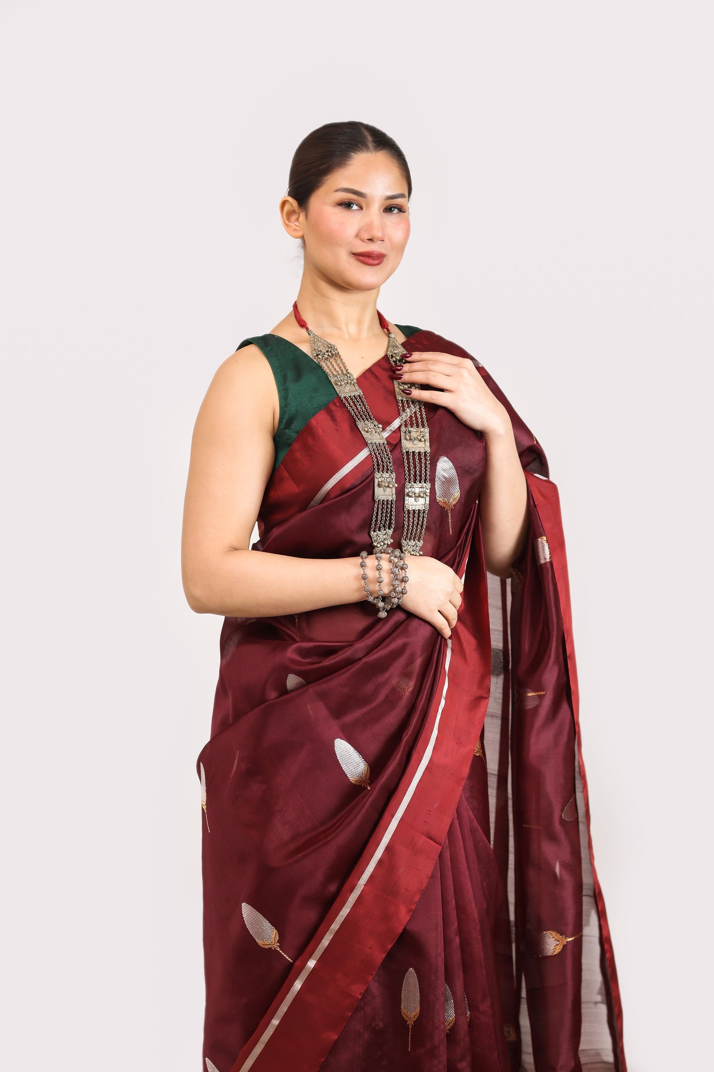 Maroon pure handwoven chanderi silk saree with meenakari buti