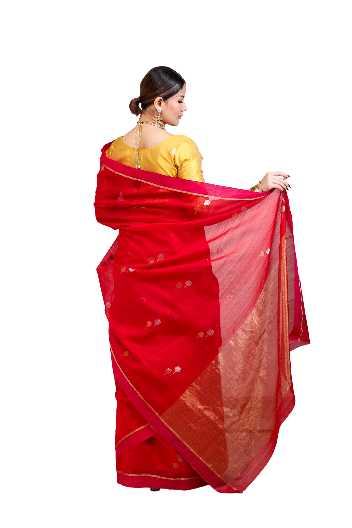 Red pure cotton silk chanderi saree with meenakari buti