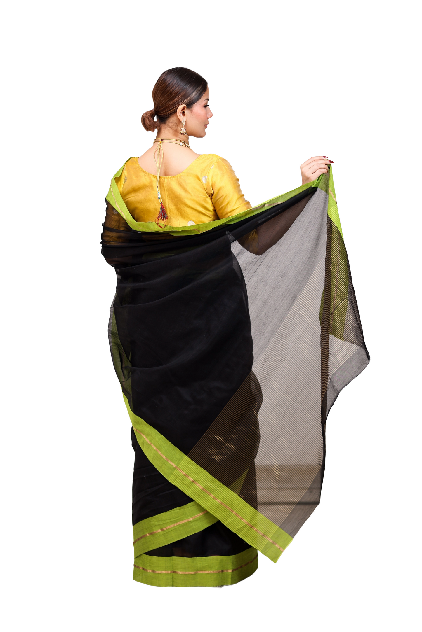 Black pure cotton silk chanderi saree with green border