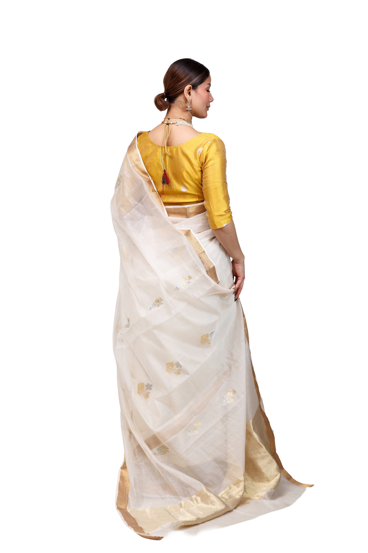 White pure handwoven cotton silk saree with Nikashee woven border and meenakari buti