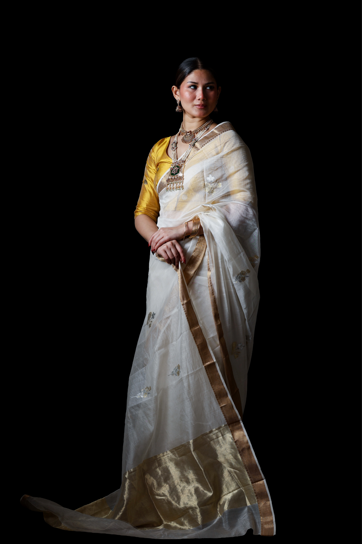 White pure cotton silk chanderi saree with meenakari buti