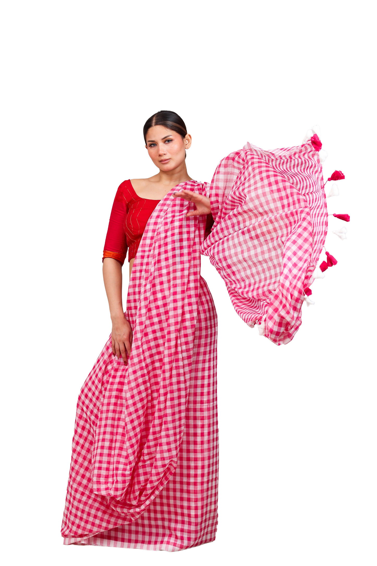 Pink and white checkered pure cotton saree