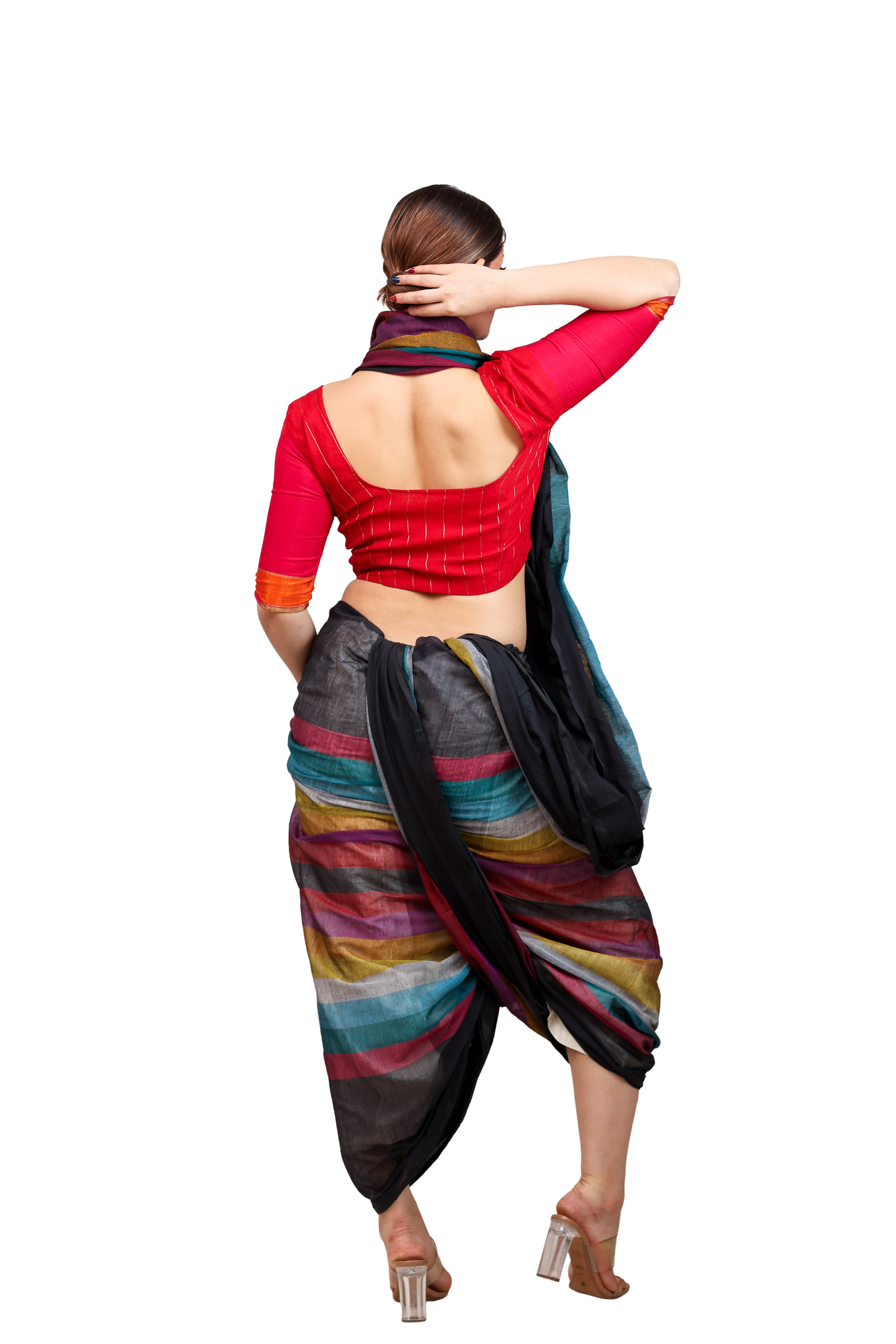 Multicoloured stripes on black pure cotton saree
