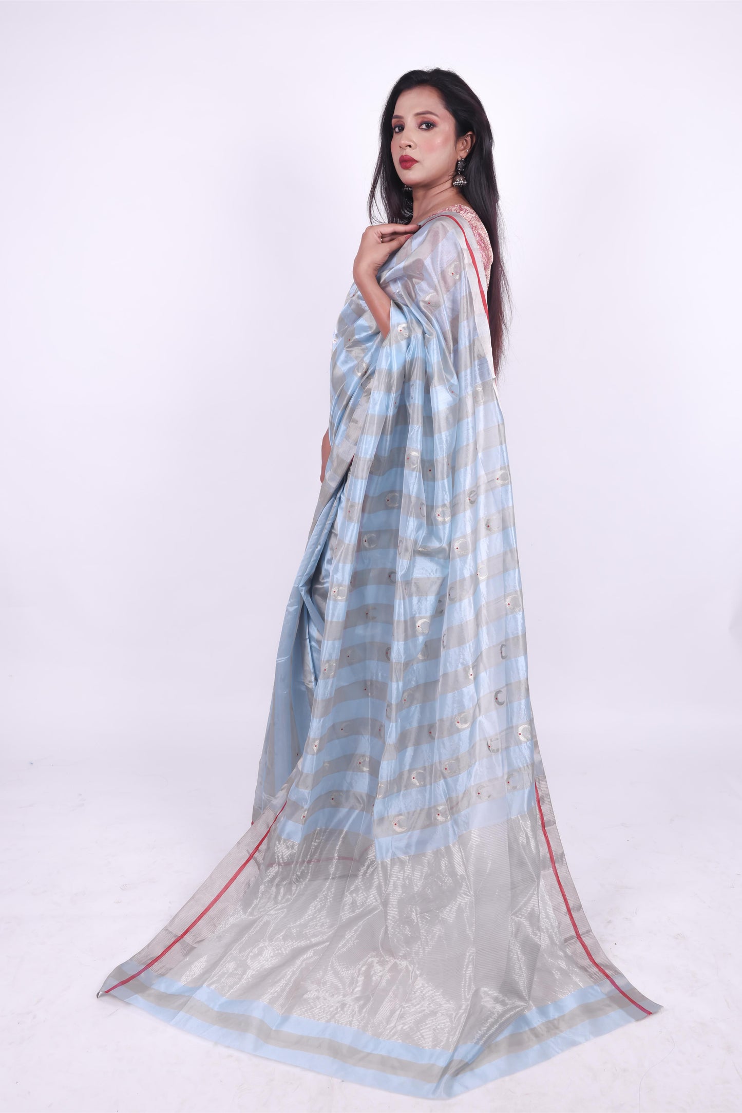Iced blue and grey striped pure chanderi silk saree wth eknaliya meenakari butti,4
