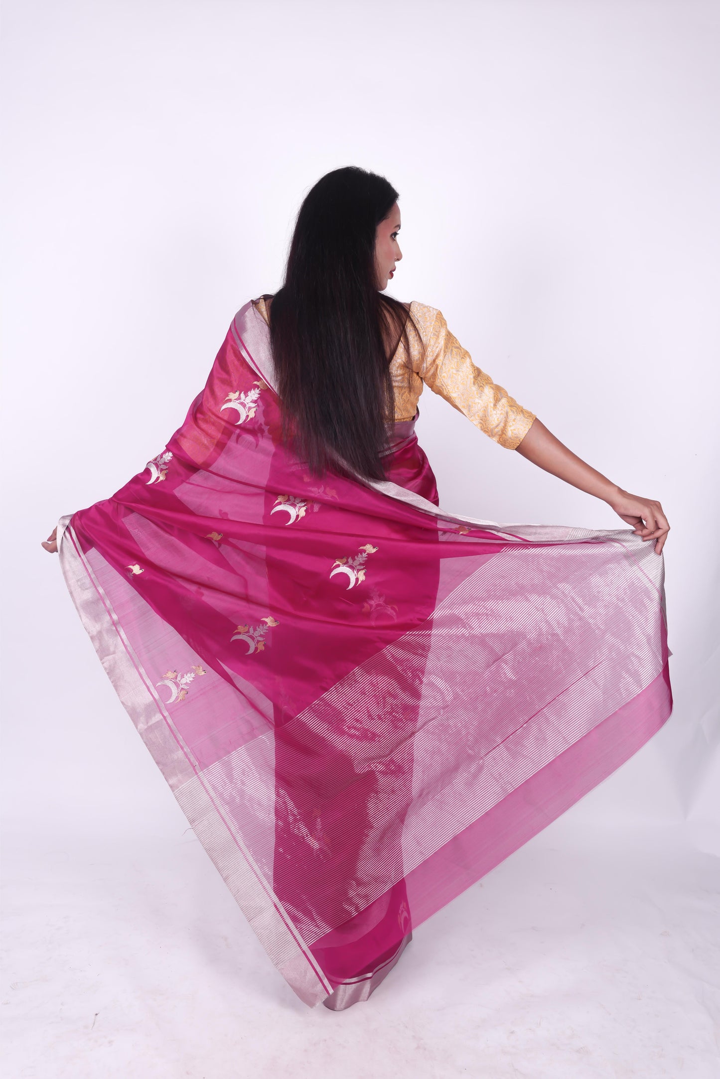 Light wine pure chanderi silk handwoven saree with Chand Chidiya eknaliya motif,3