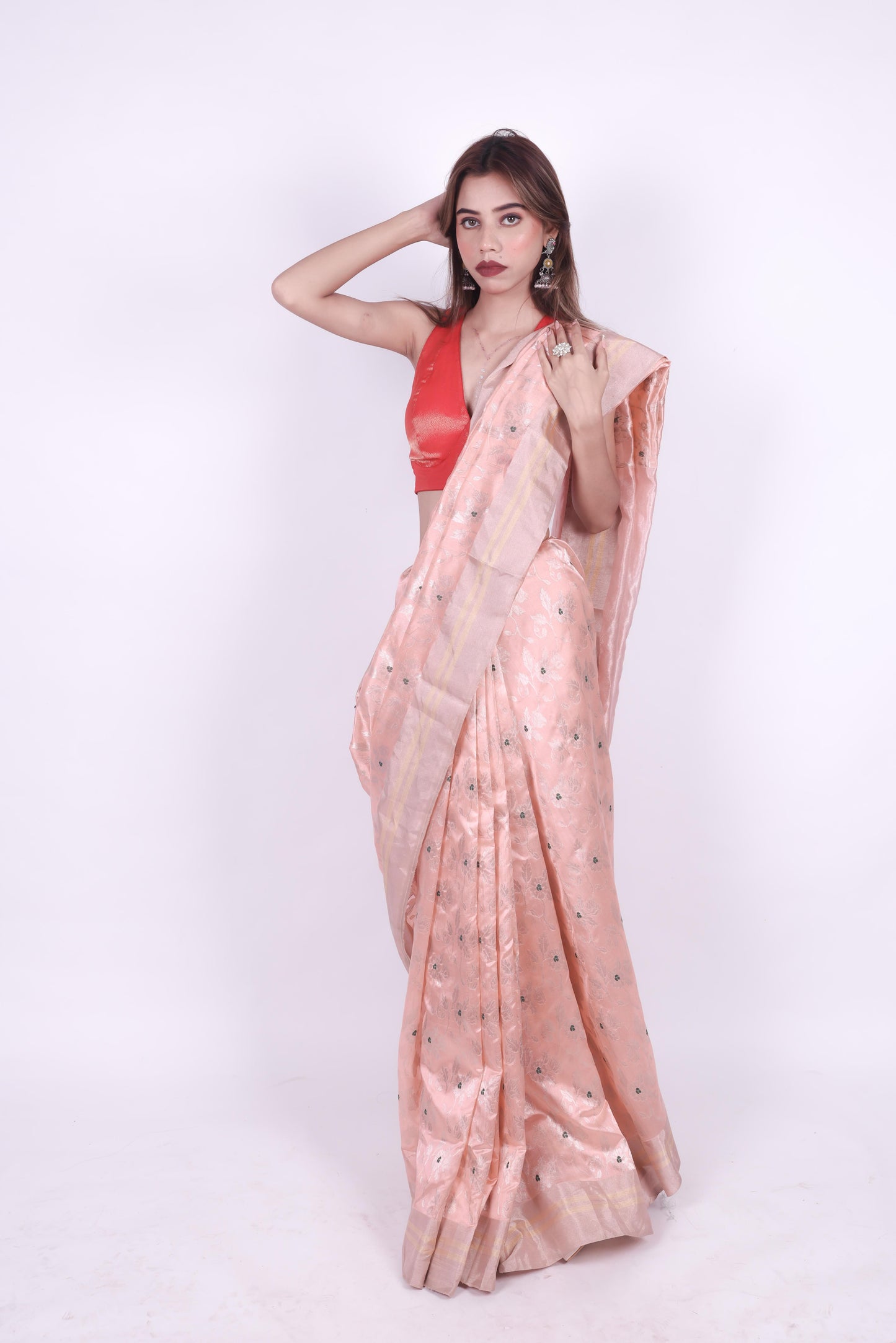 Peach pink pure chanderi silk handwoven saree with phool patti zaal weaving,4