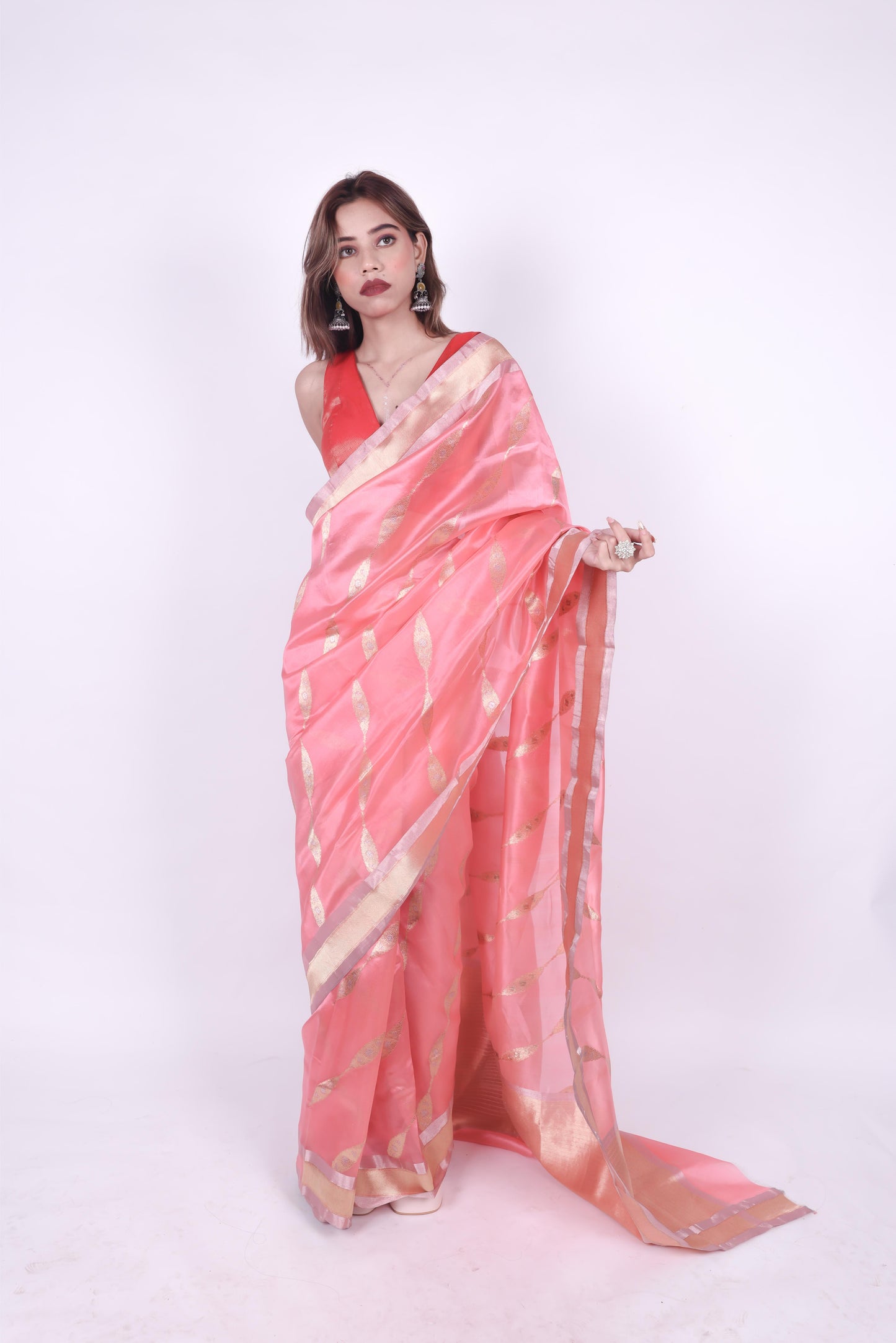 Pink pure handwoven chanderi silk saree in eknaliya zaal butti and nakashi border