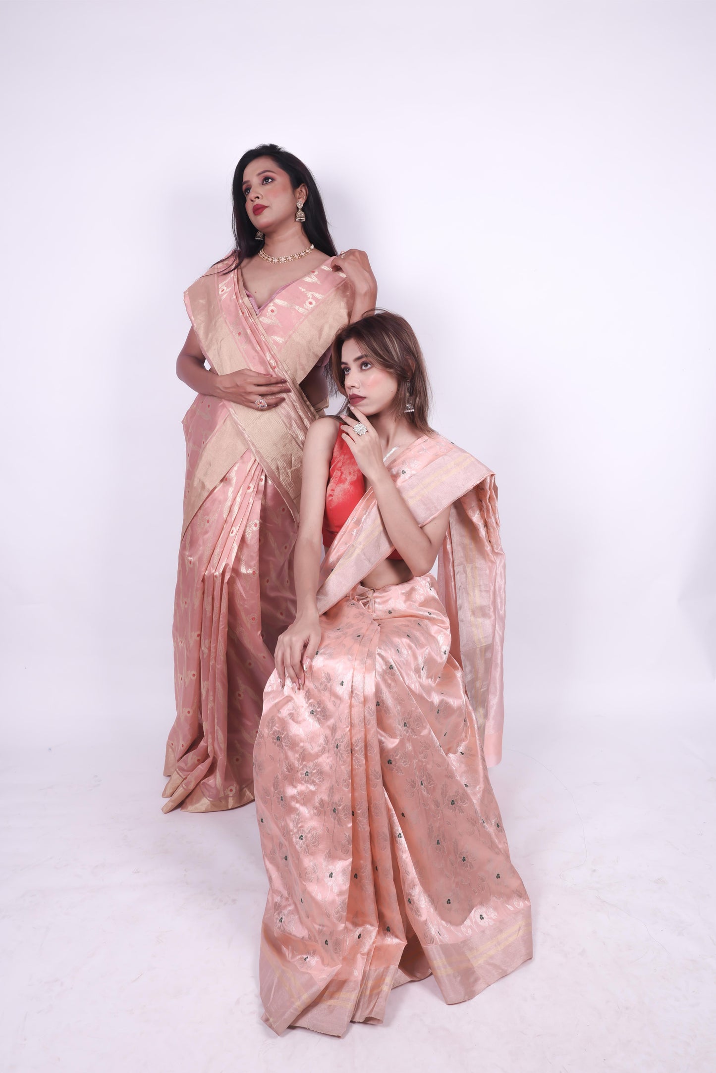 Peach pink pure chanderi silk handwoven zaal saree,5