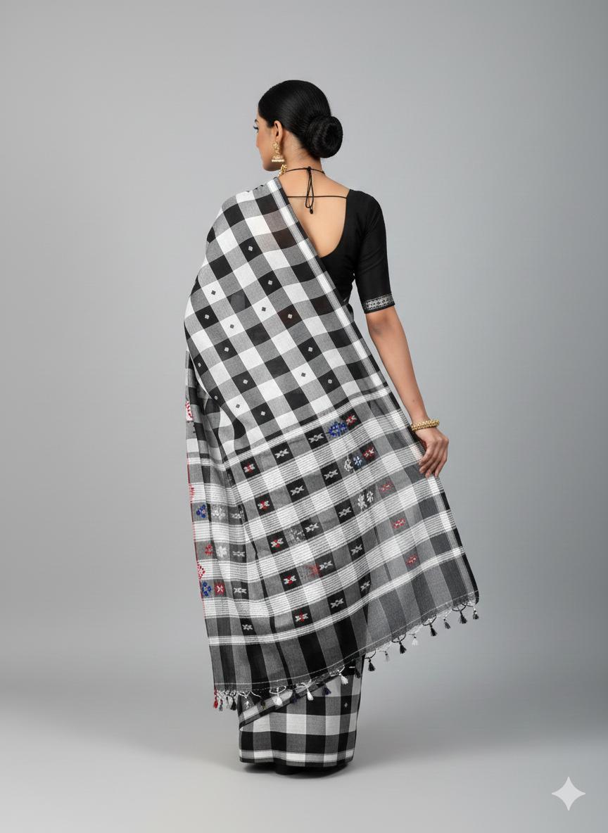 Black and white pure hand-woven tribal shantala cotton saree