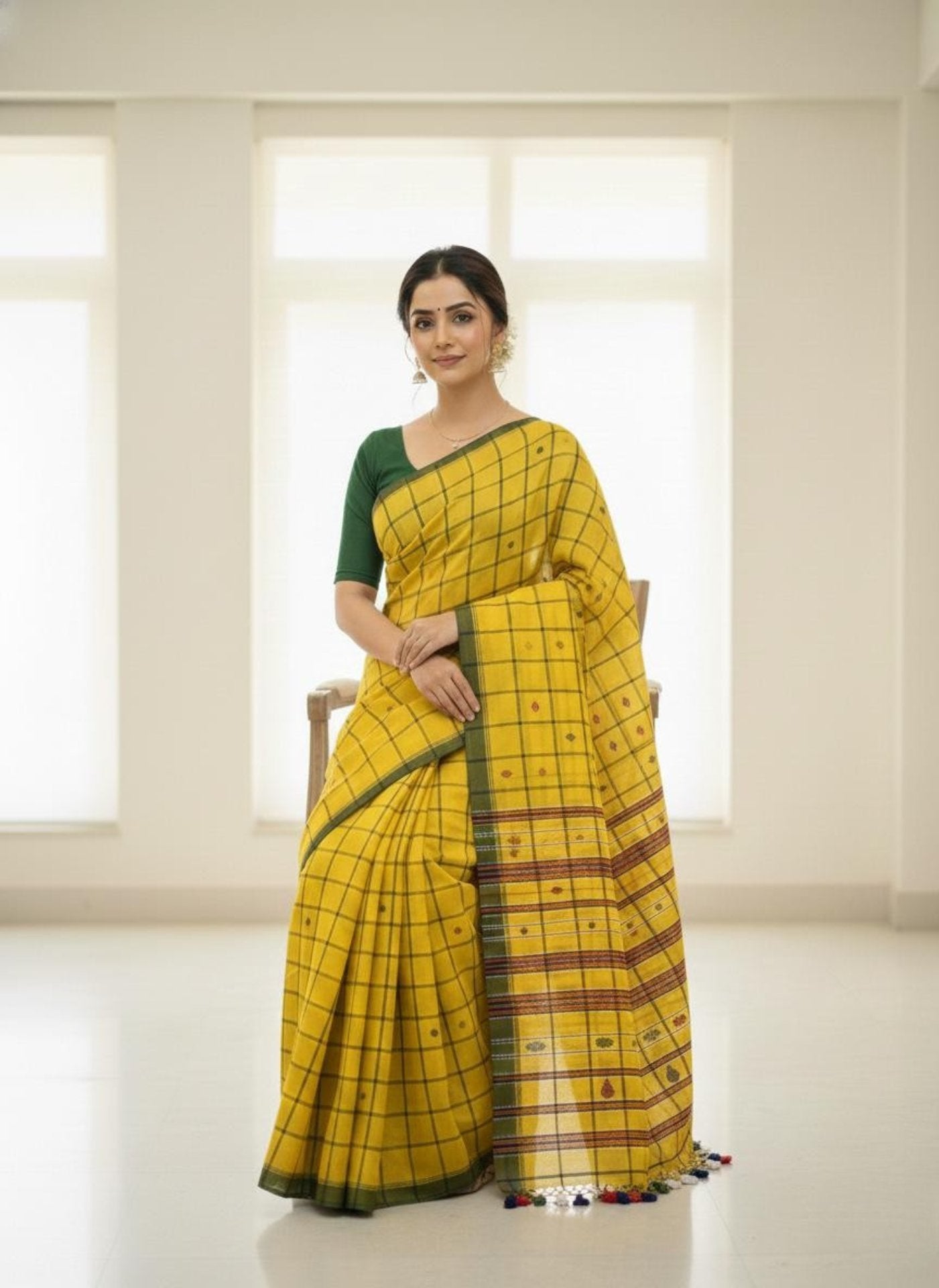 Yellow checkered pure hand-woven tribal shantala saree