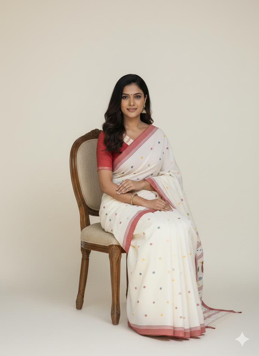 White and red pure hand-woven cotton jamdani saree