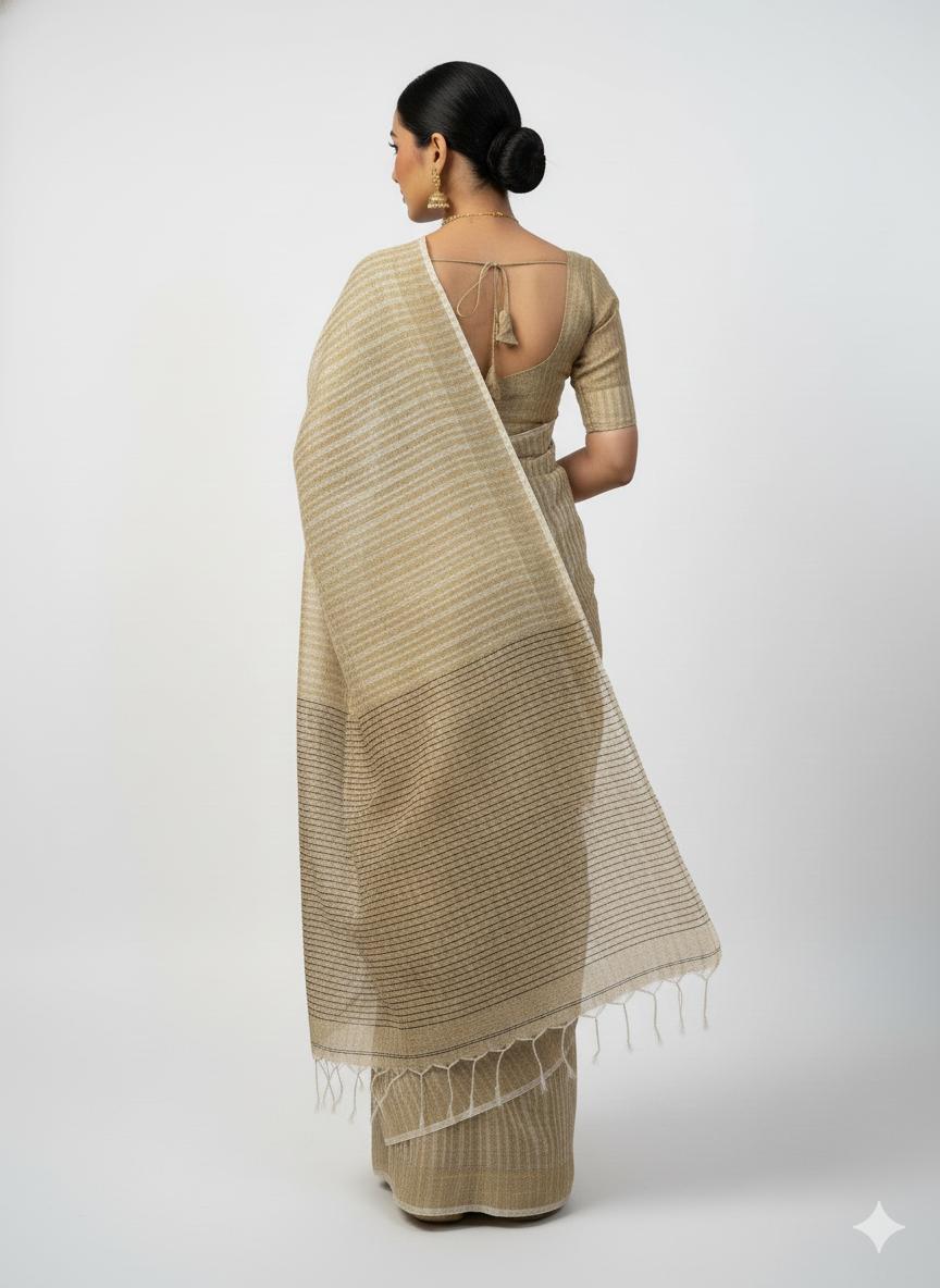 Woman wearing a beige saree with a white background
