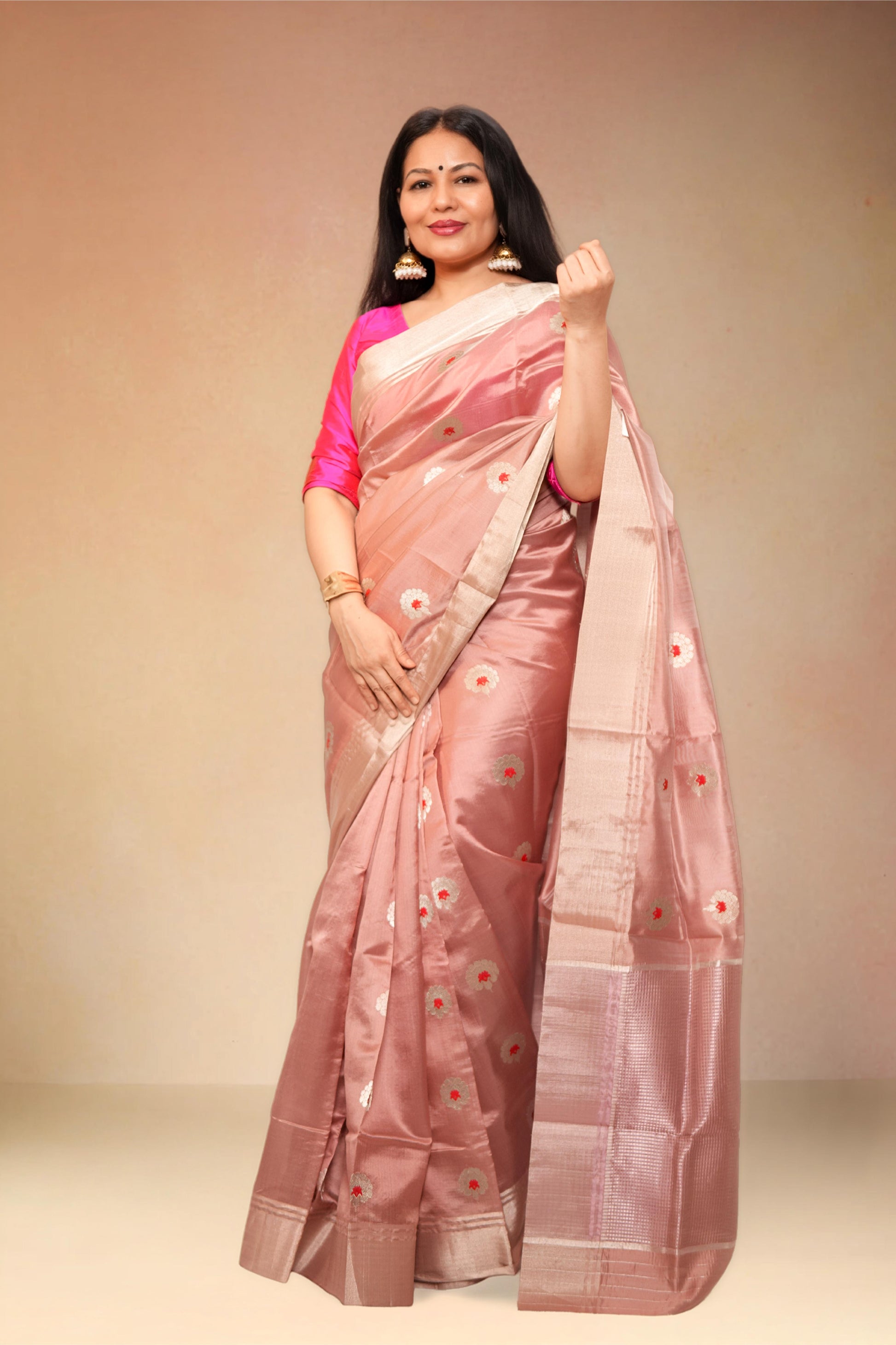 Onion pink pure chanderi silk handwoven saree with gendaphool meenakari butti,1