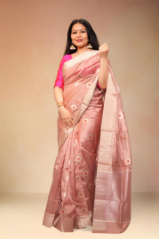 Onion pink pure chanderi silk handwoven saree with gendaphool meenakari butti,1