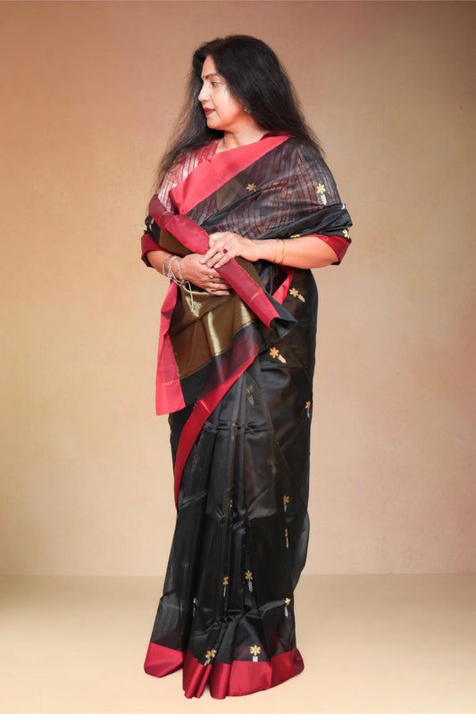 Black pure chanderi silk handwoven saree with sona chandi meenakari butti and silk border,1