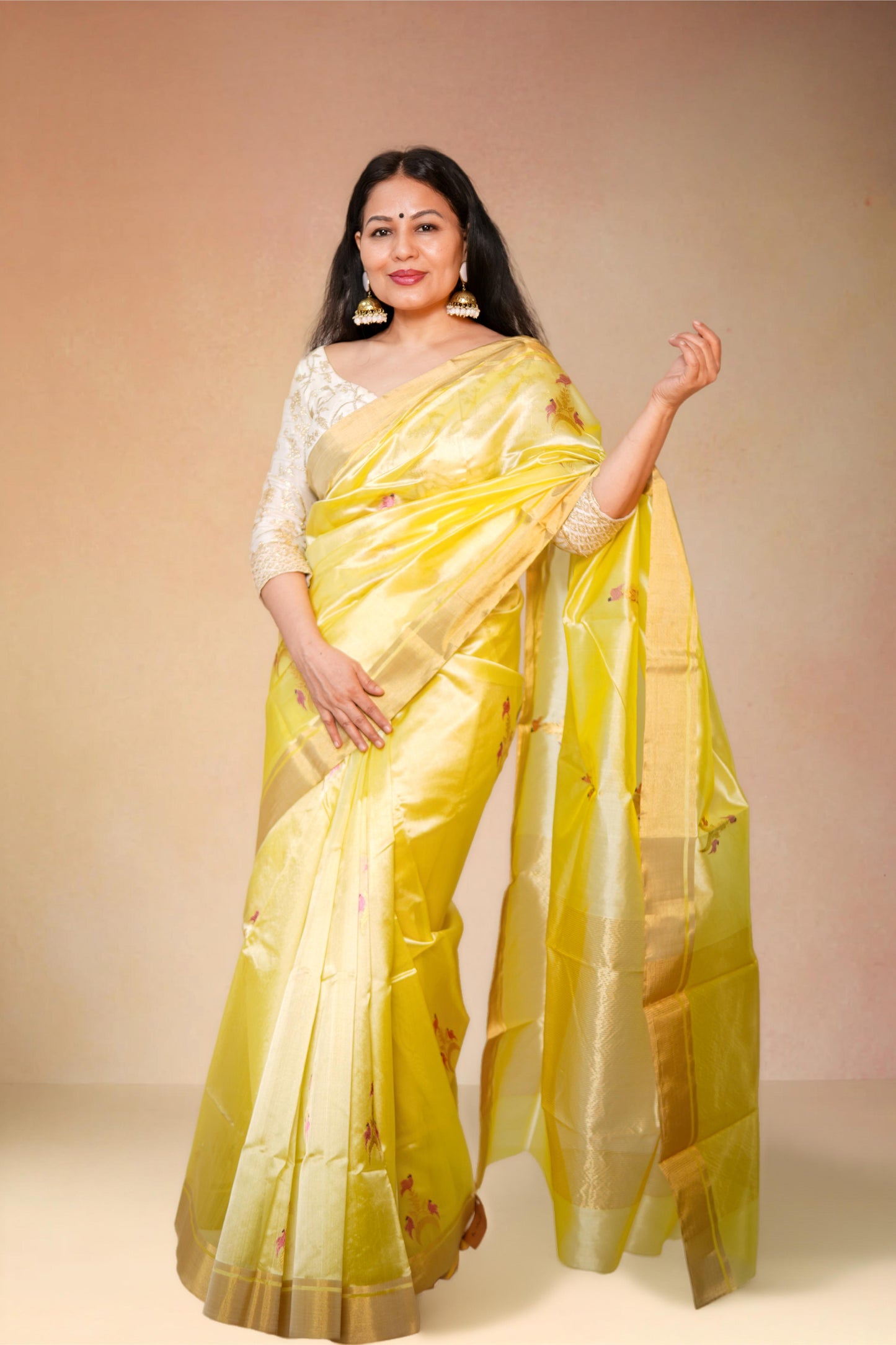 Yellow pure chanderi silk handwoven saree with pink and gold Chand Chidiya butti and gold border,1