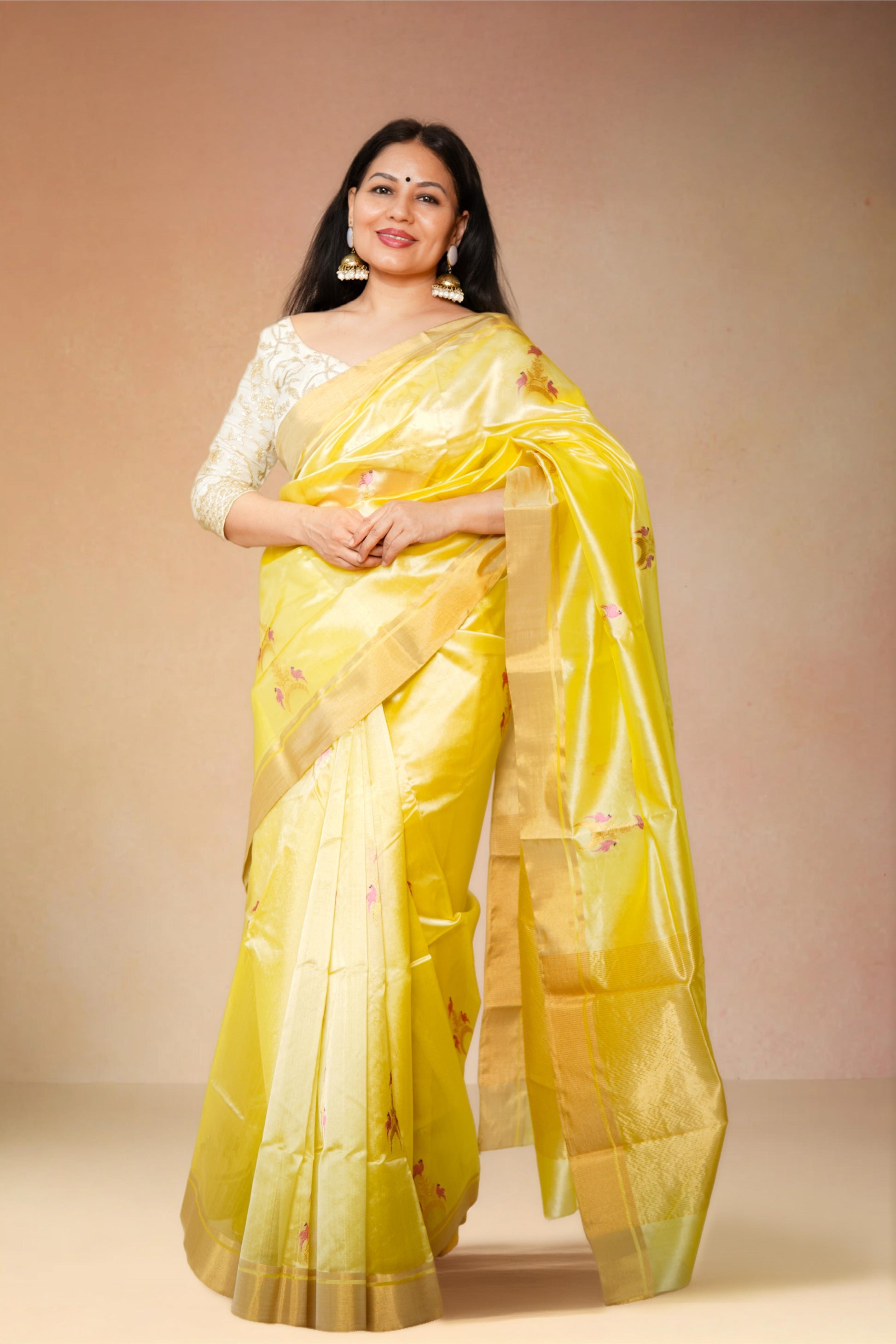 Yellow pure chanderi silk handwoven saree with pink and gold Chand Chidiya butti and gold border,2
