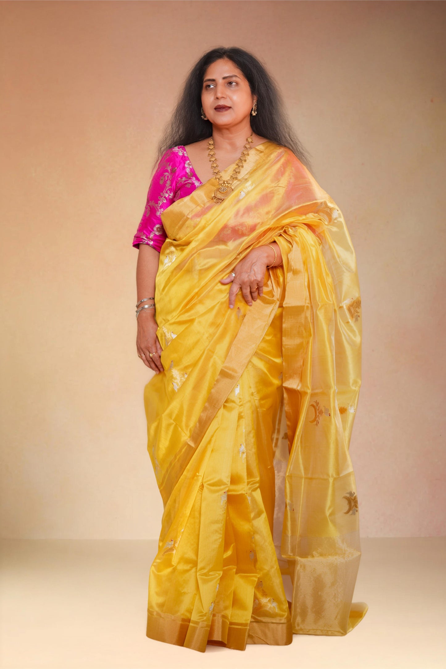 Mango yellow pure chanderi silk handwoven saree with sona chandi Chand Chidiya butti,4