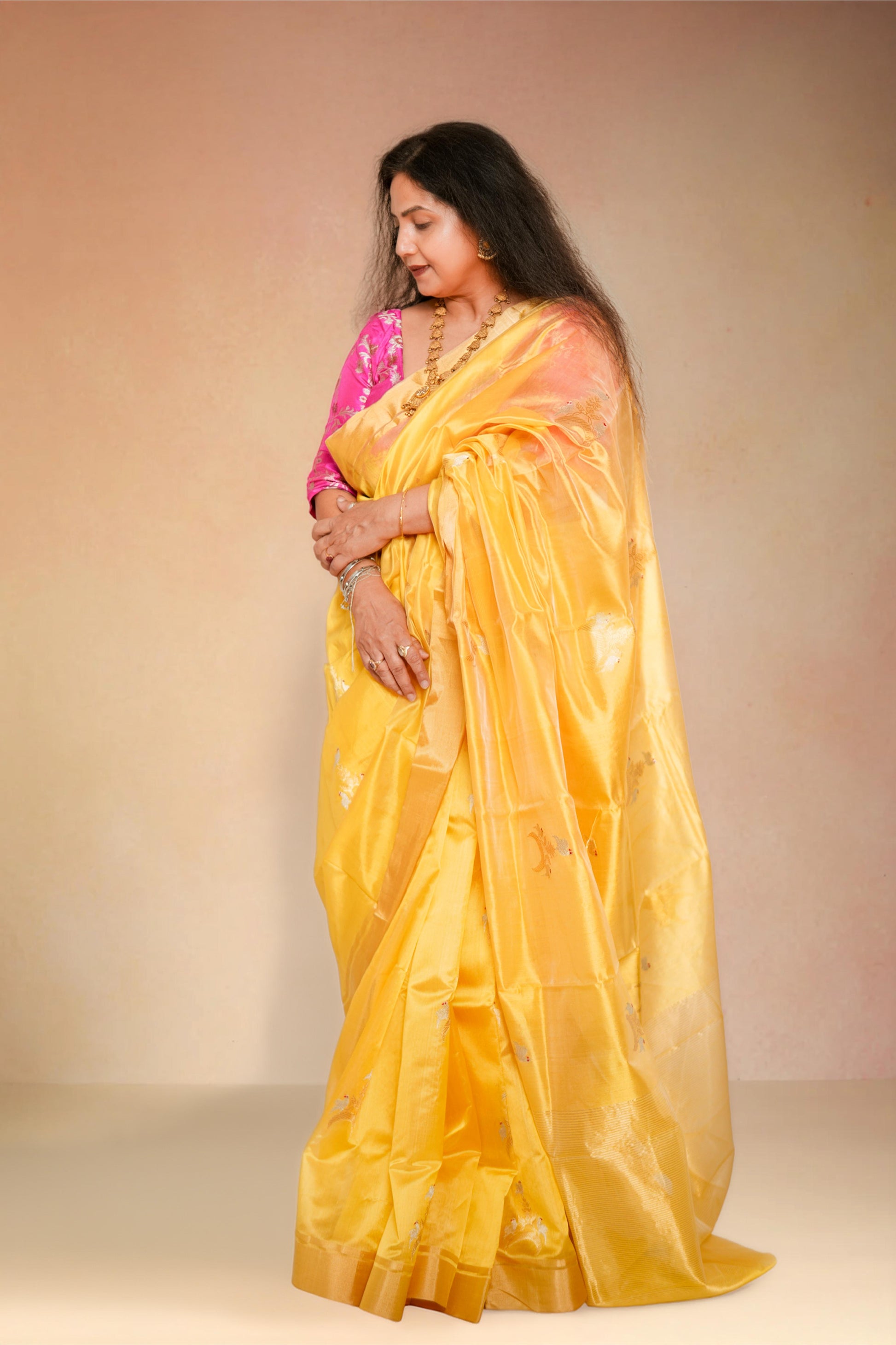 Mango yellow pure chanderi silk handwoven saree with sona chandi Chand Chidiya butti,3