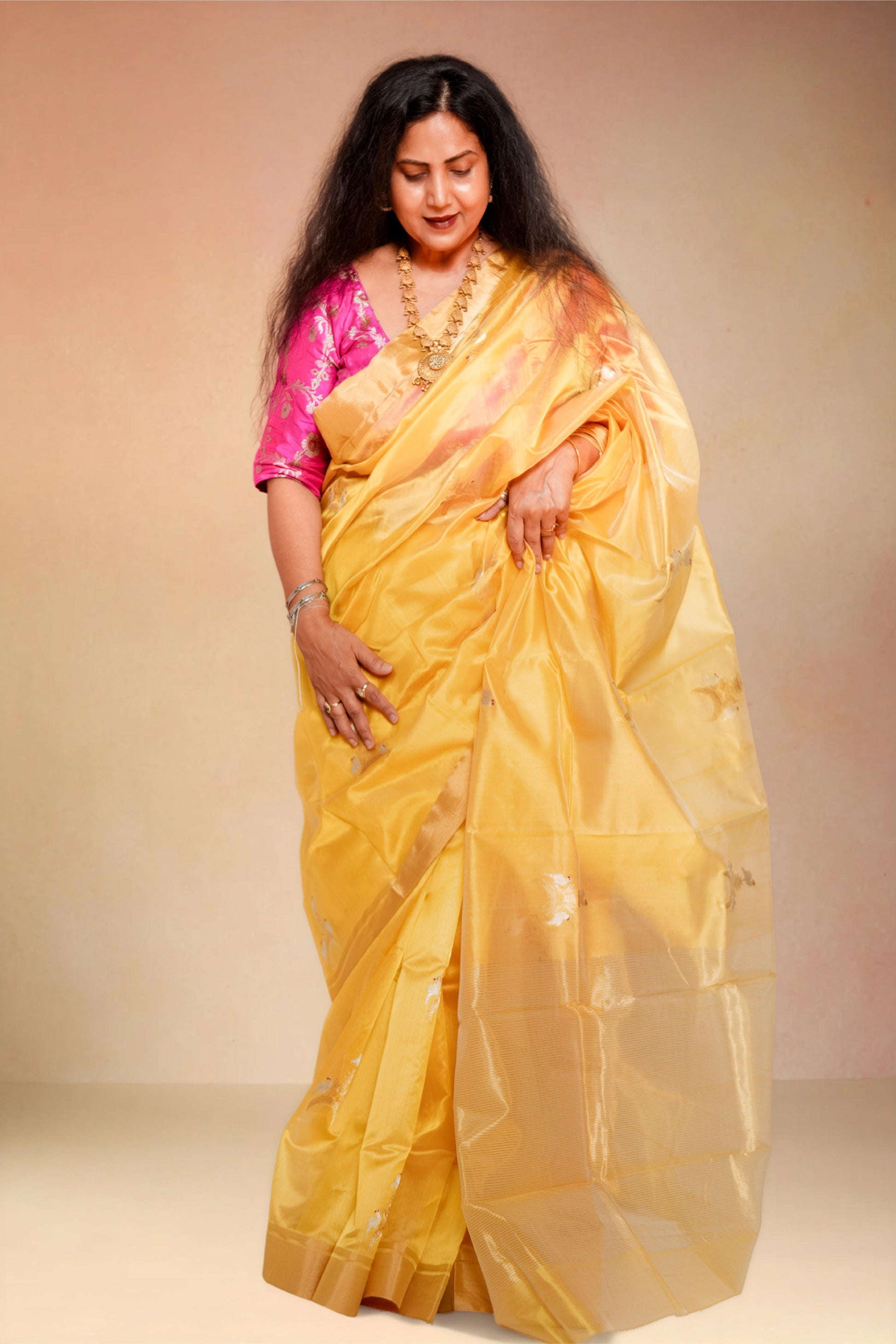 Mango yellow pure chanderi silk handwoven saree with sona chandi Chand Chidiya butti,1