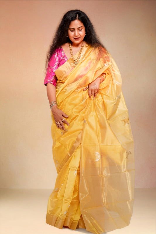 Mango yellow pure chanderi silk handwoven saree with sona chandi Chand Chidiya butti,1