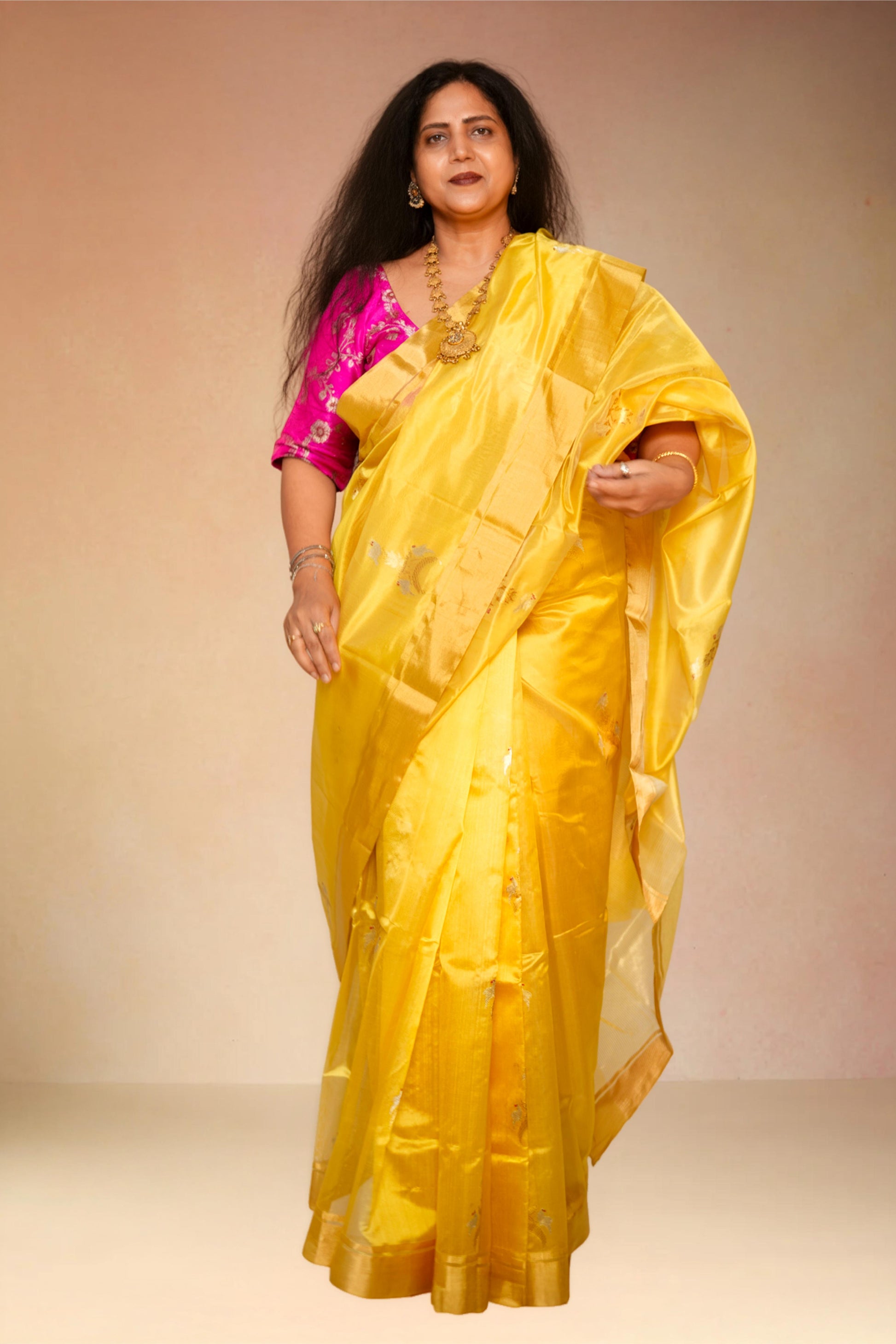 Mango yellow pure chanderi silk handwoven saree with sona chandi Chand Chidiya butti,2