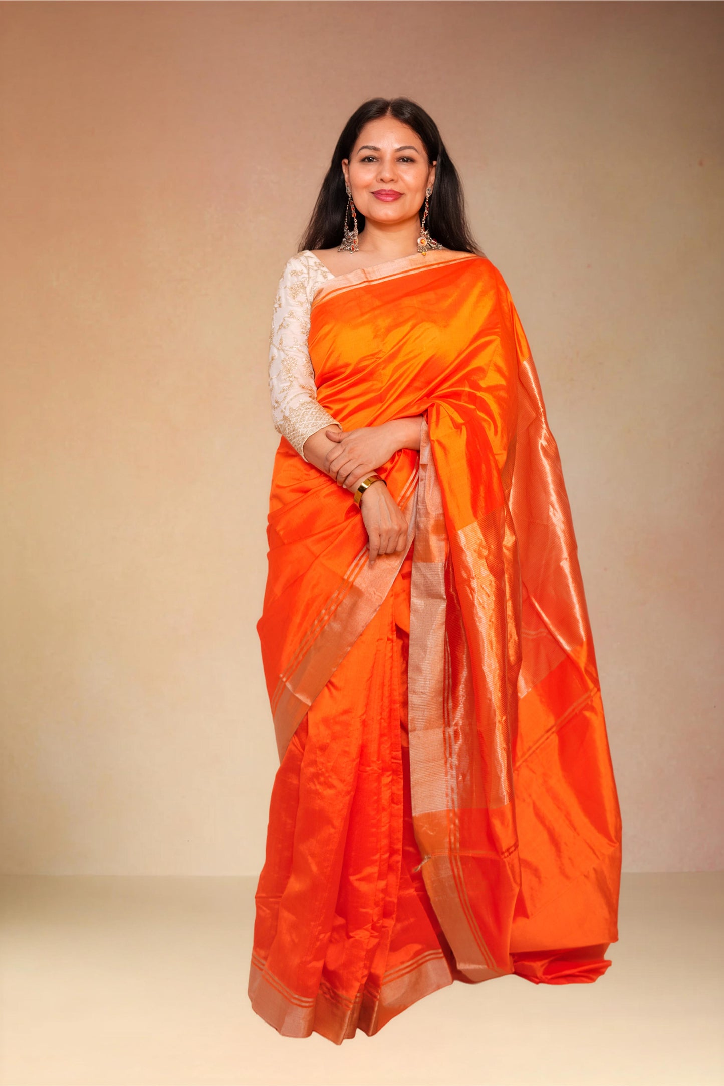 Orange pure chanderi silk handwoven saree with golden border,1