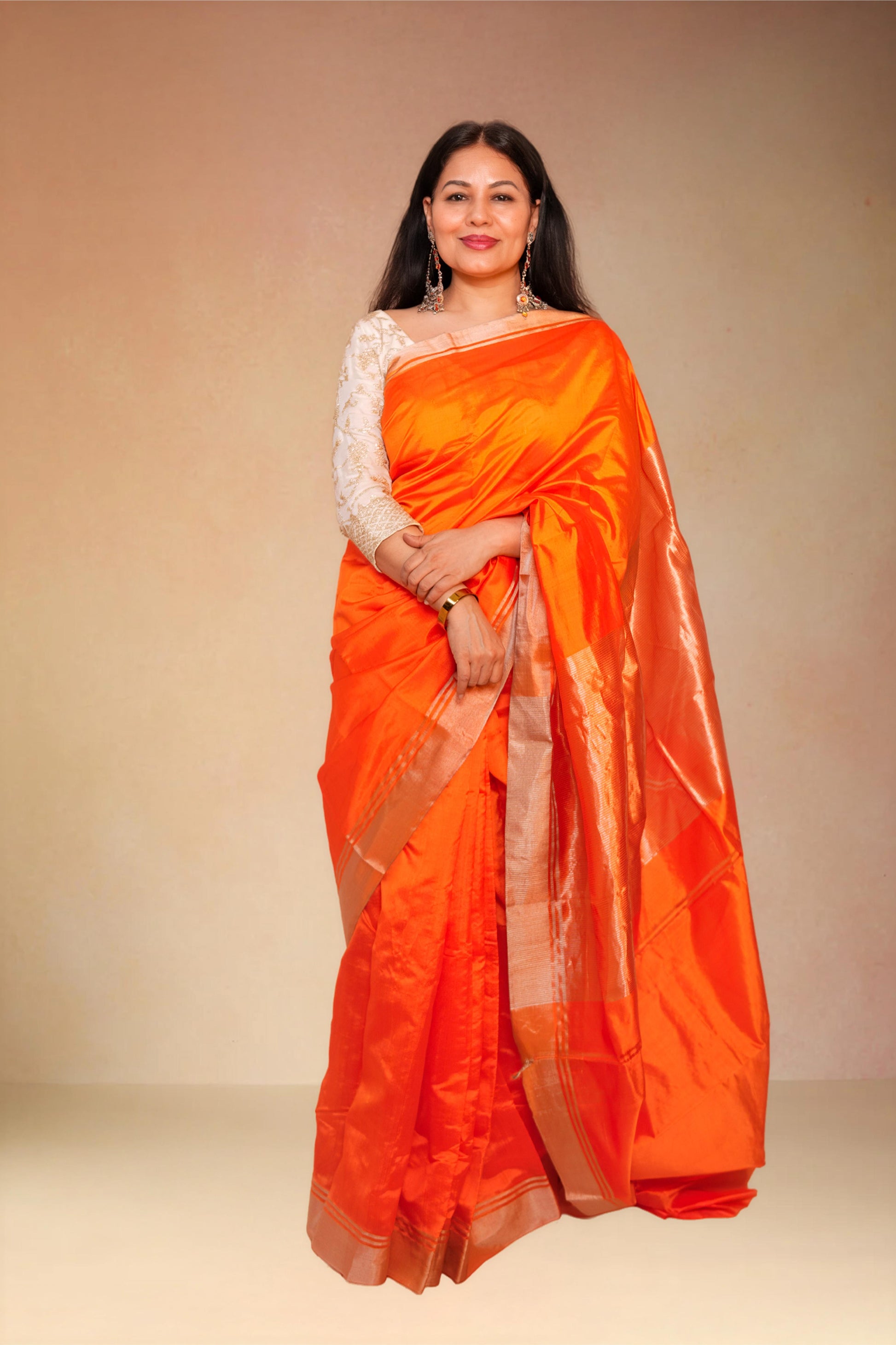 Orange pure chanderi silk handwoven saree with golden border,1