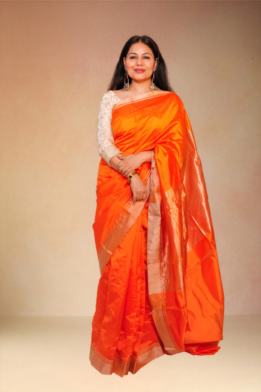 Orange pure chanderi silk handwoven saree with golden border,1