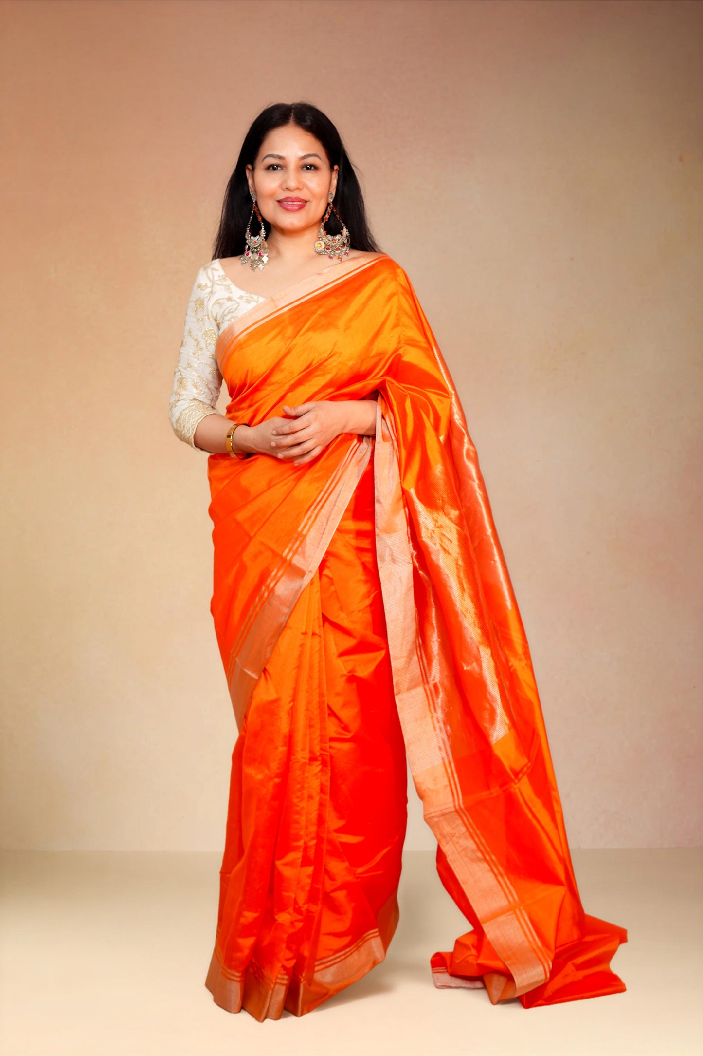 Orange pure chanderi silk handwoven saree with golden border,2