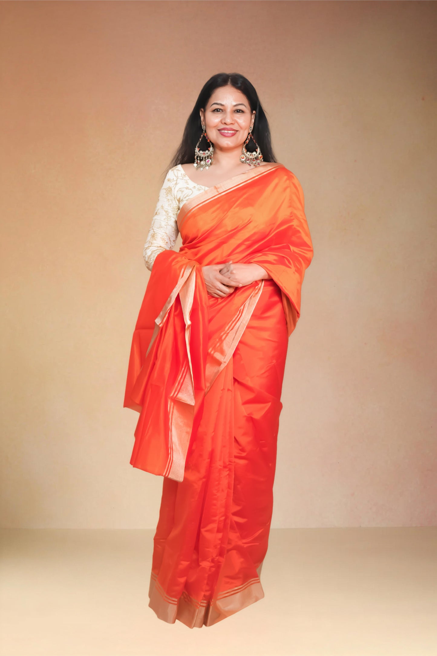 Orange pure chanderi silk handwoven saree with golden border,3