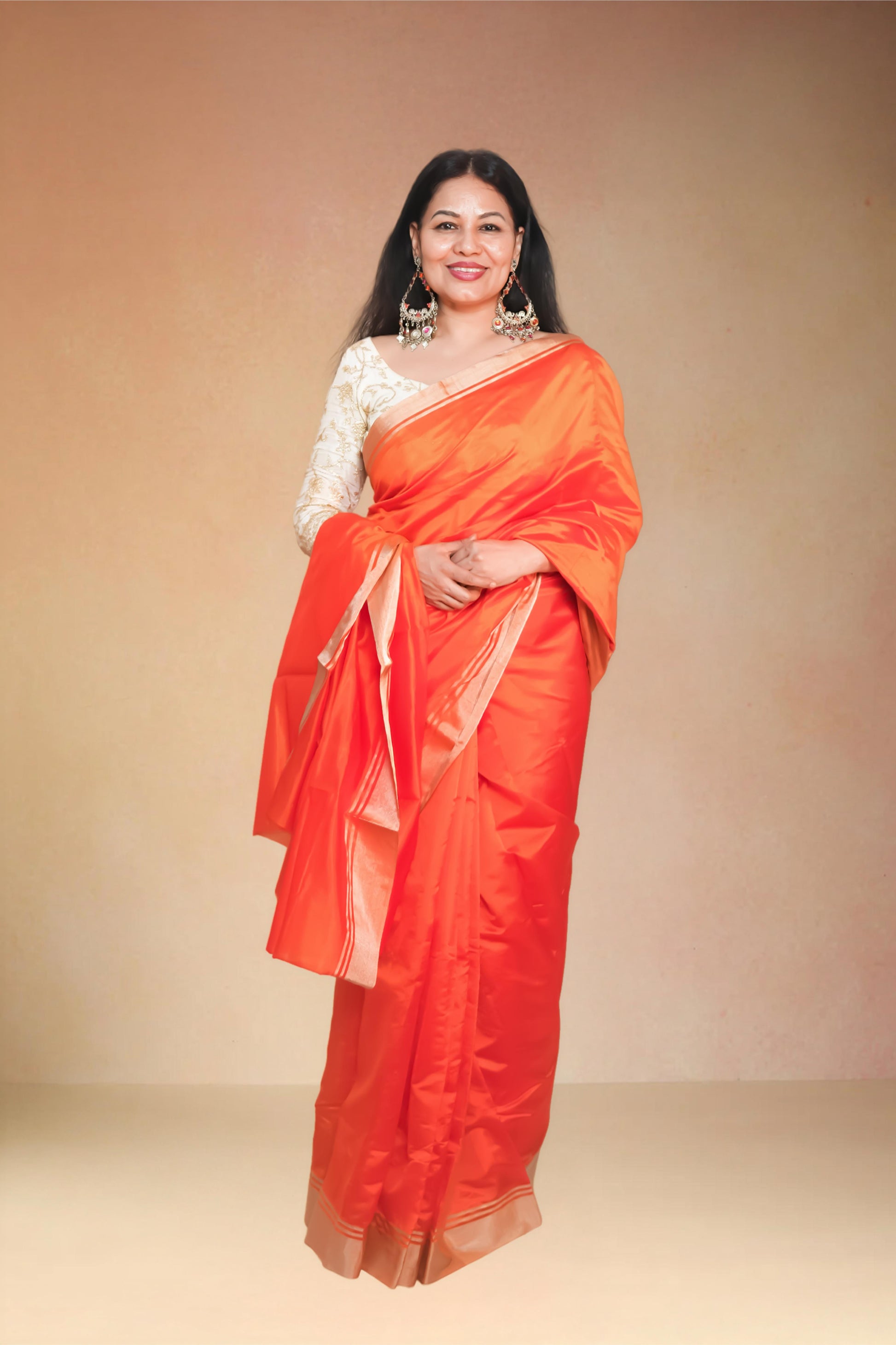 Orange pure chanderi silk handwoven saree with golden border,3