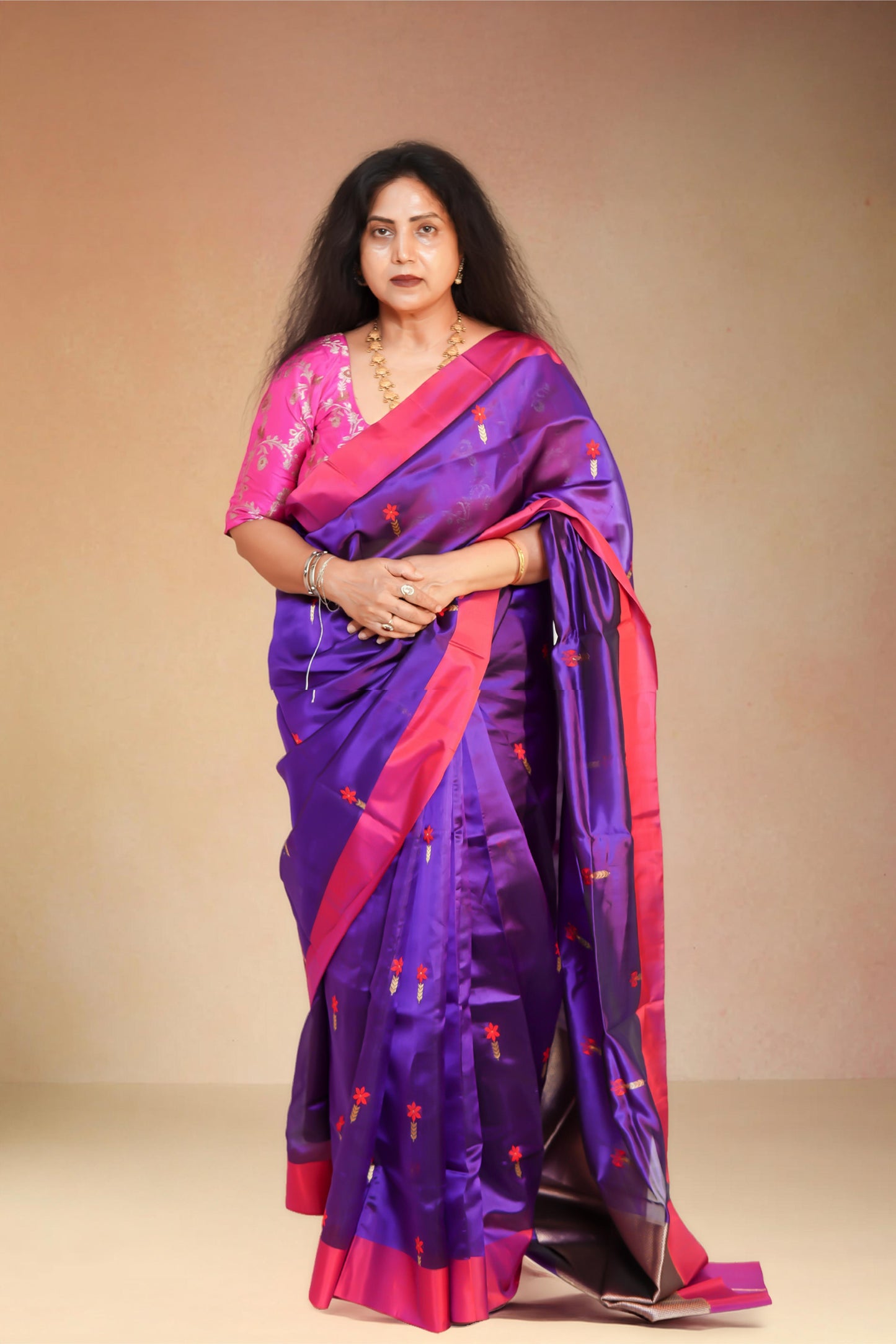 Purple pure chanderi silk handwoven saree with meenakari butti and silk border,2