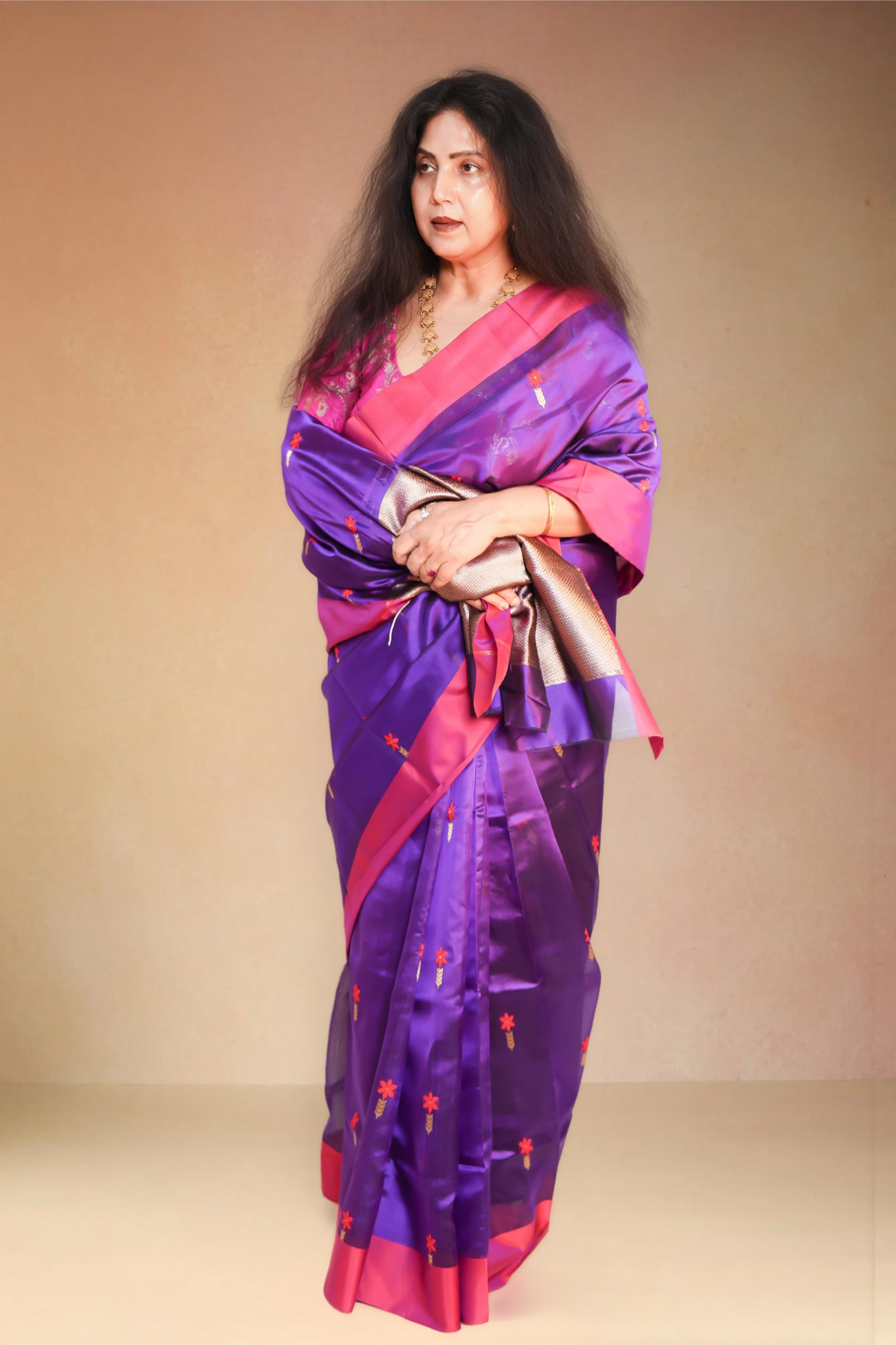 Purple pure chanderi silk handwoven saree with meenakari butti and silk border,3