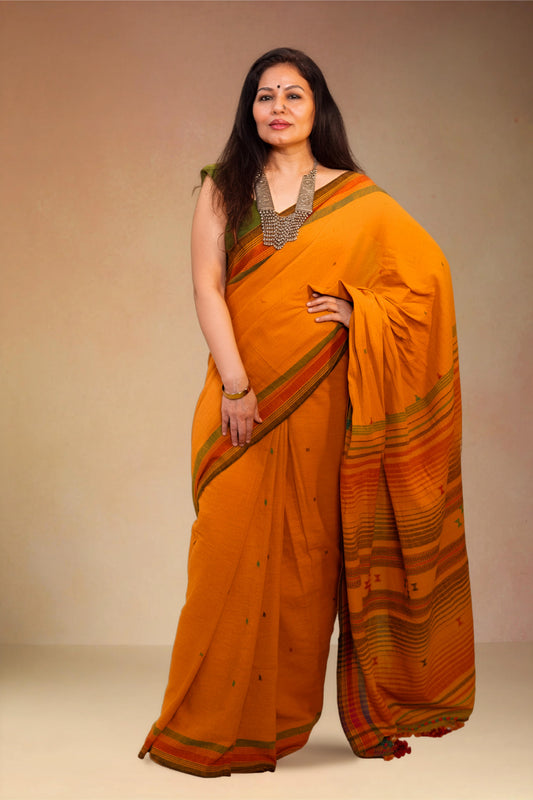 Mustard pure Kala cotton Bhujodi handwoven saree,1