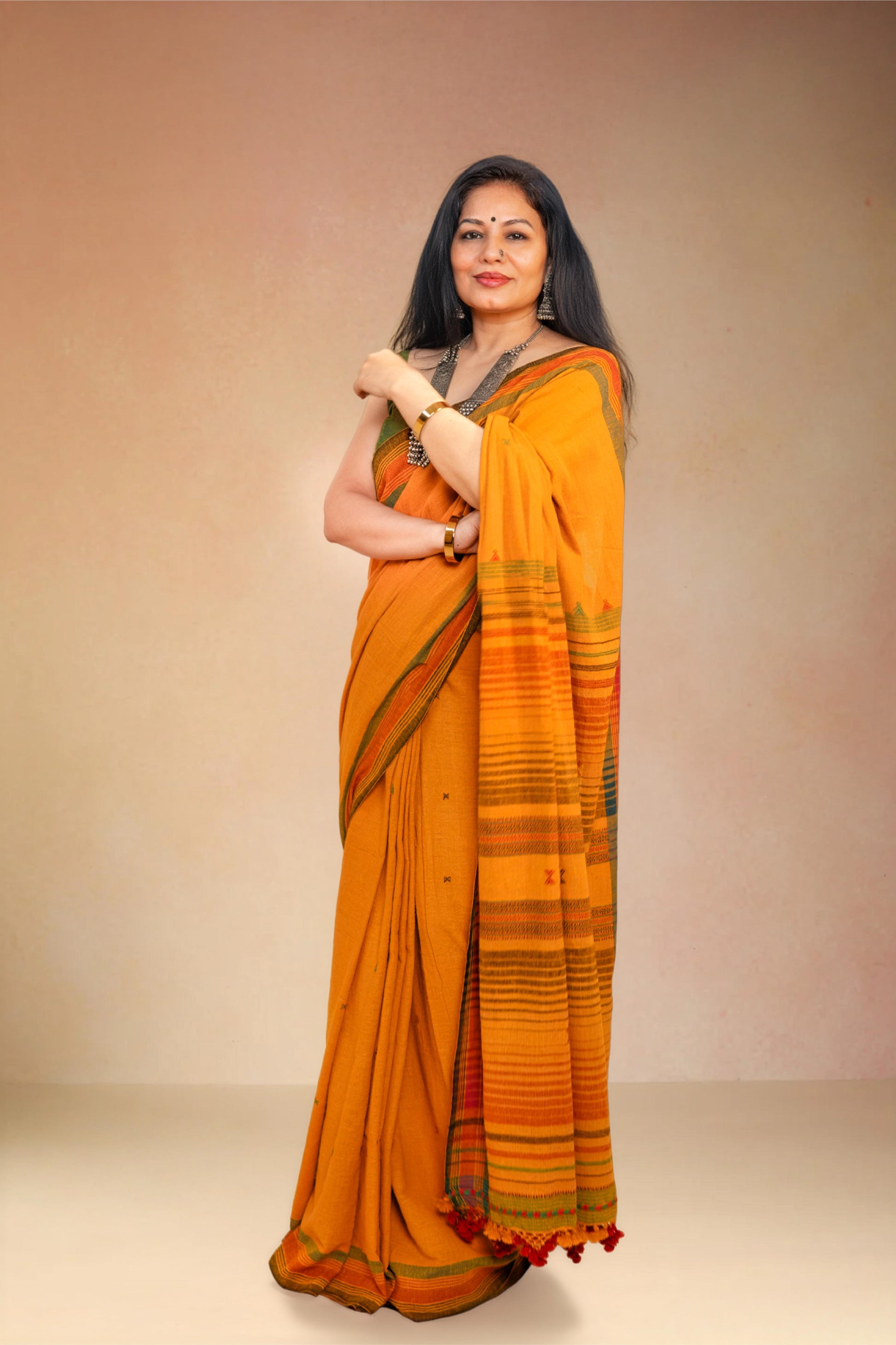 Mustard pure Kala cotton Bhujodi handwoven saree,2