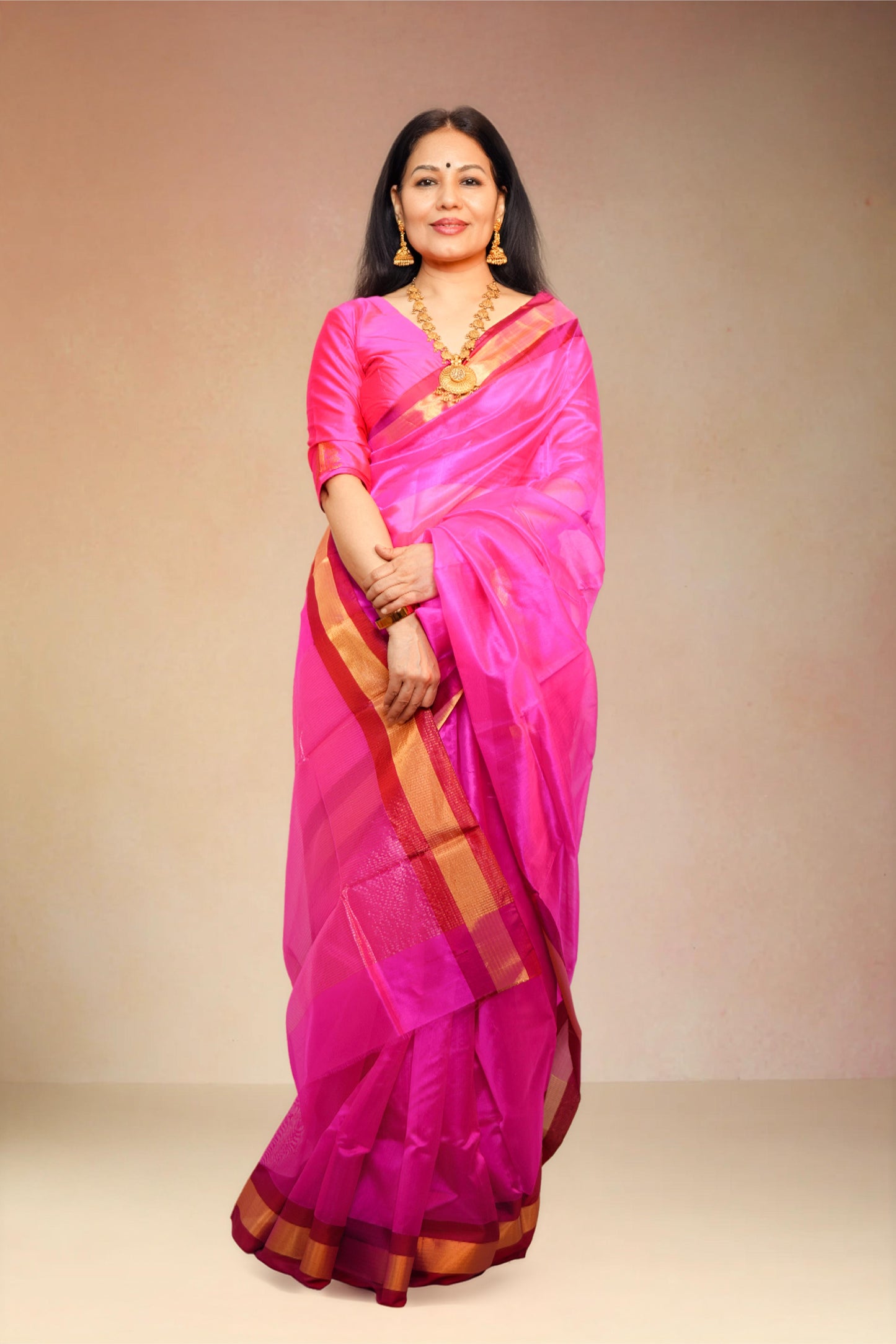 Magenta pure chanderi silk handwoven saree with golden and red border,1