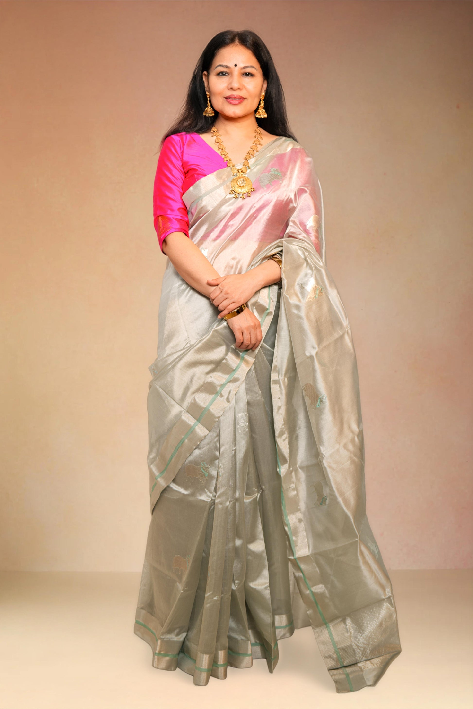 Grey pure chanderi silk handwoven saree with silver Nandi motif and silver border,1