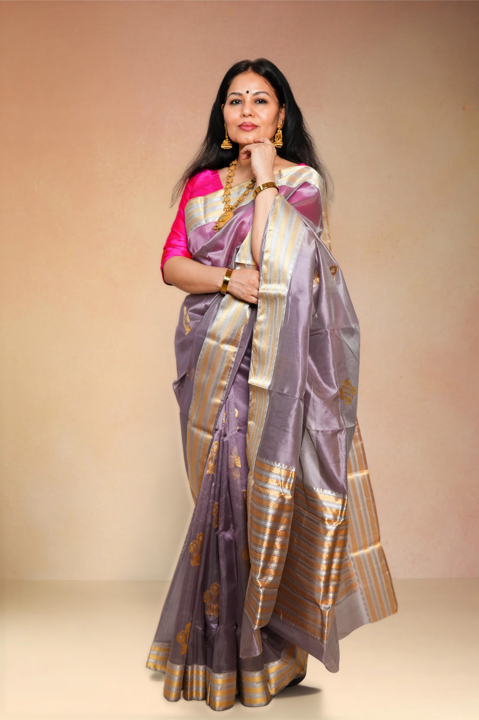 Mauve pure chanderi silk handwoven saree with meenakari butti and nakashi border,2