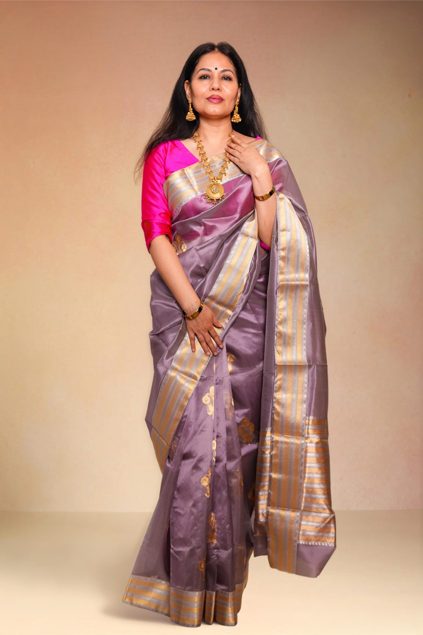 Mauve pure chanderi silk handwoven saree with meenakari butti and nakashi border,3