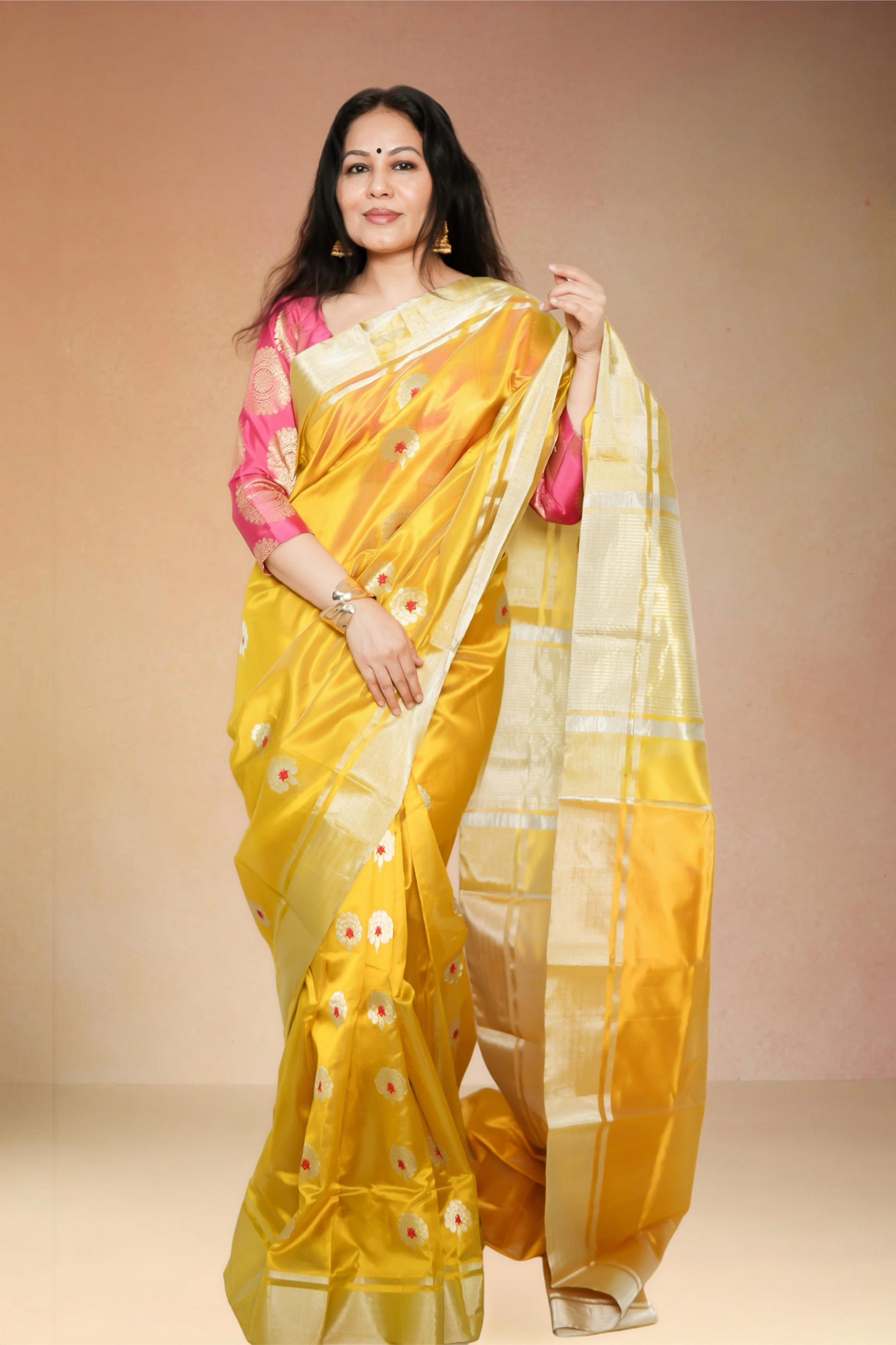 Yellow pure chanderi silk handwoven saree with meenakari gendaphool butti,