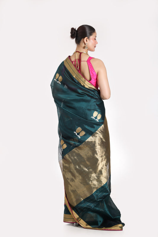 Rama Green pure chanderi silk handwoven saree with sona Chandi lotus motif