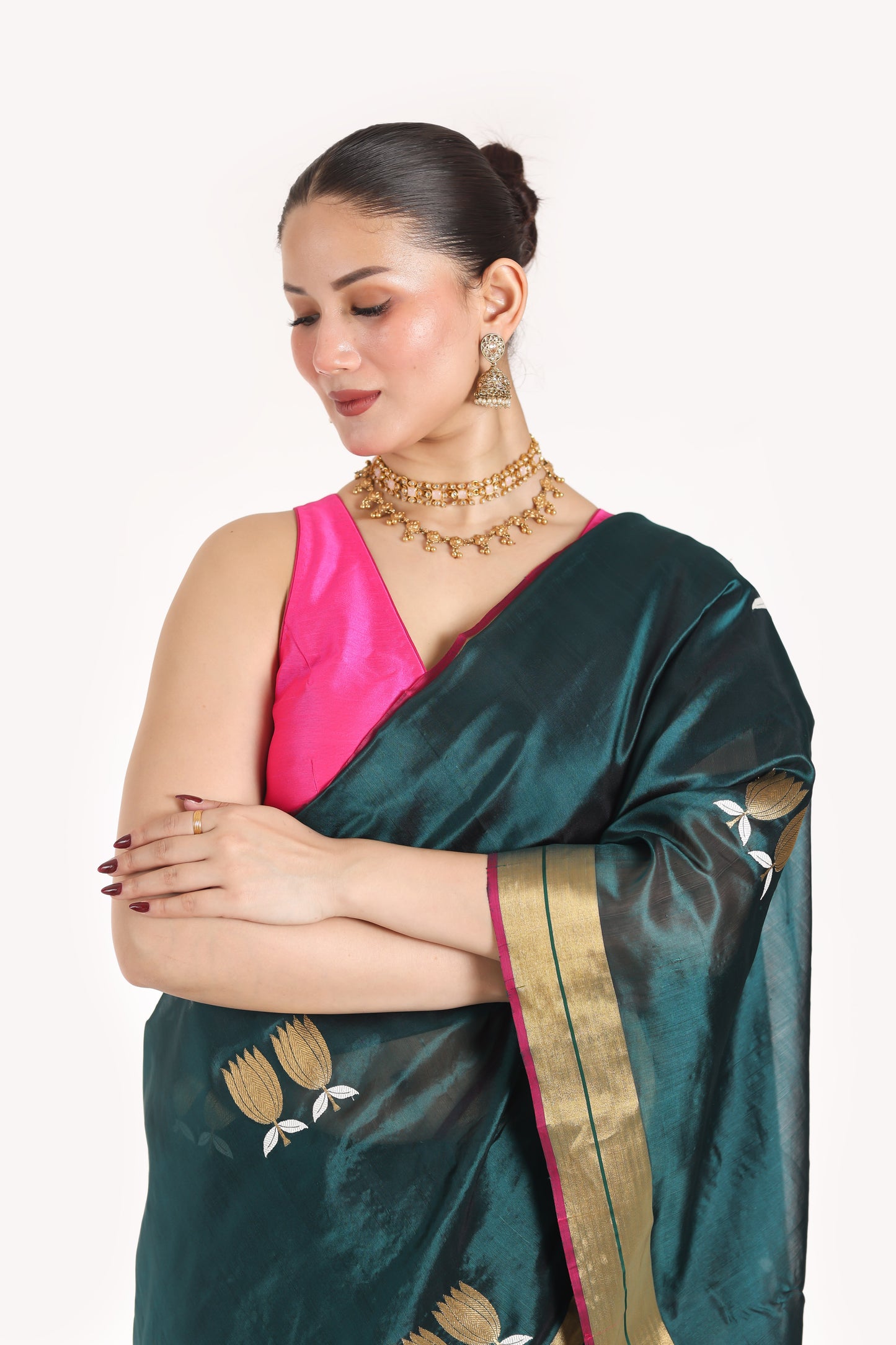 Rama Green pure chanderi silk handwoven saree with sona Chandi lotus motif