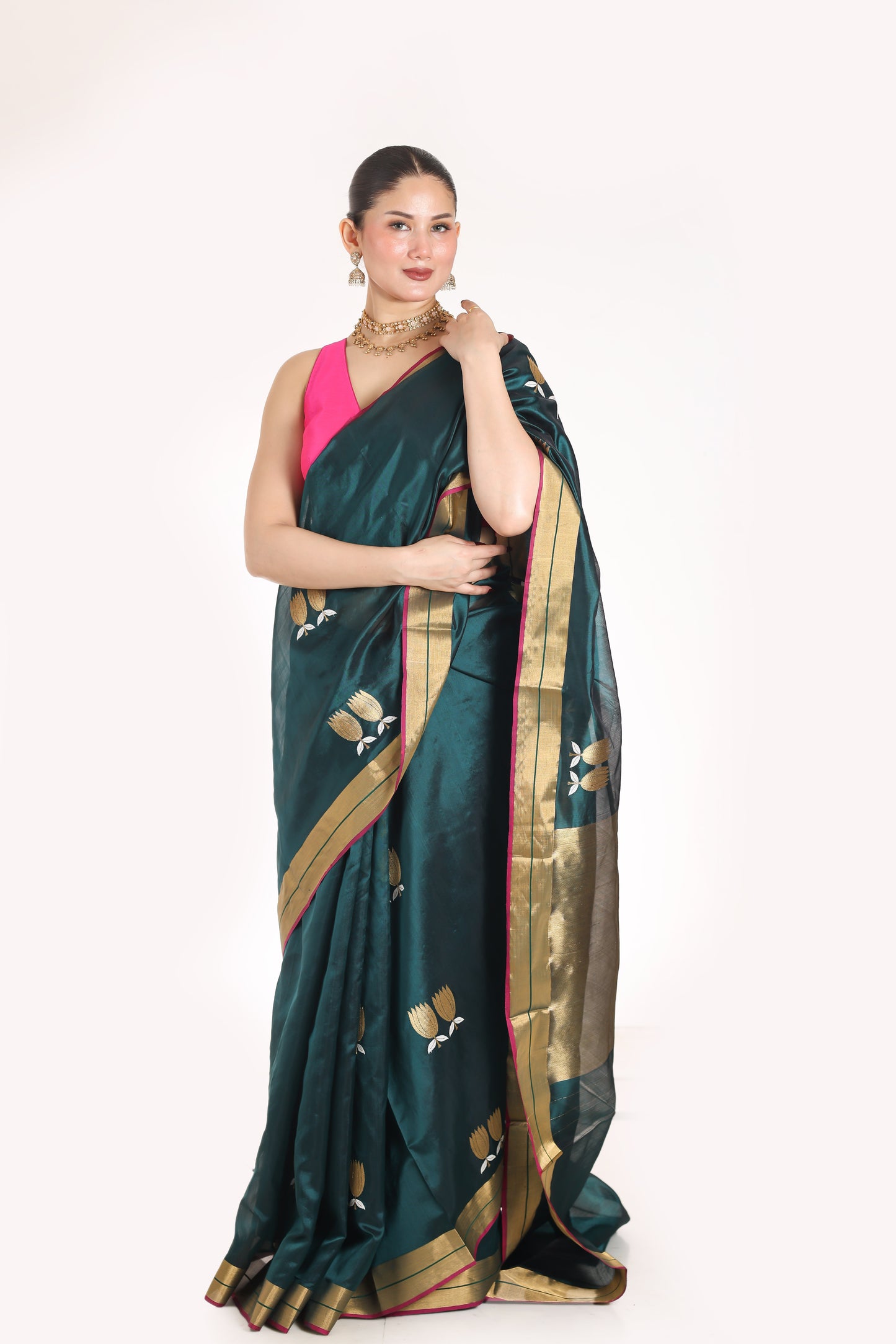 Rama Green pure chanderi silk handwoven saree with sona Chandi lotus motif