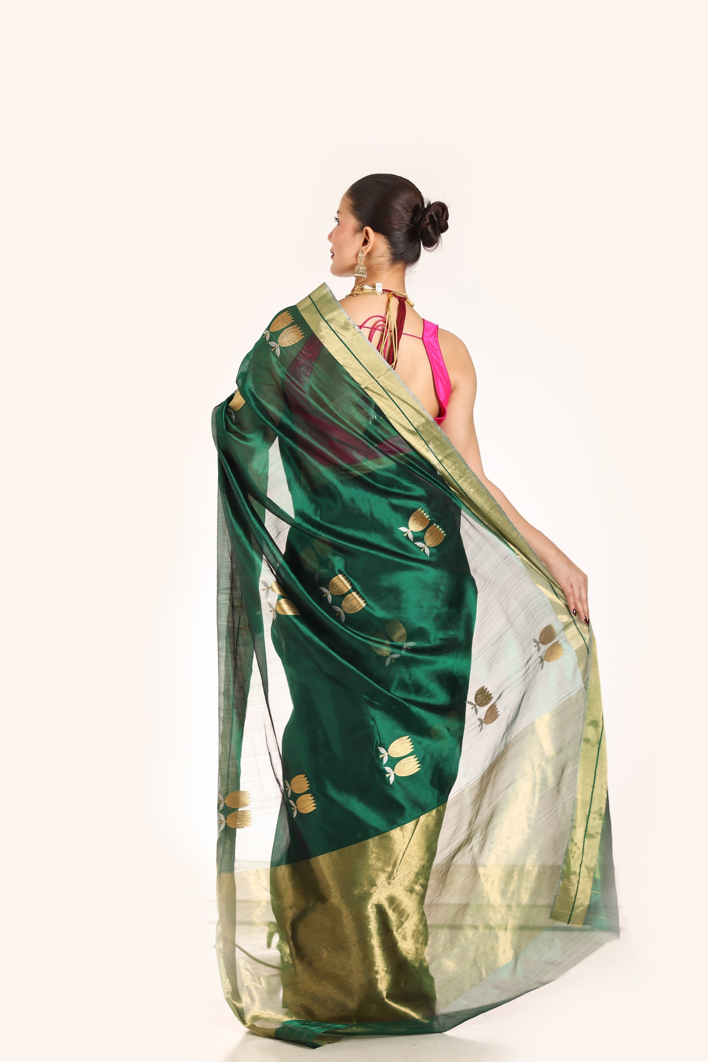 Dark green pure chanderi silk handwoven saree with sona Chandi lotus motif