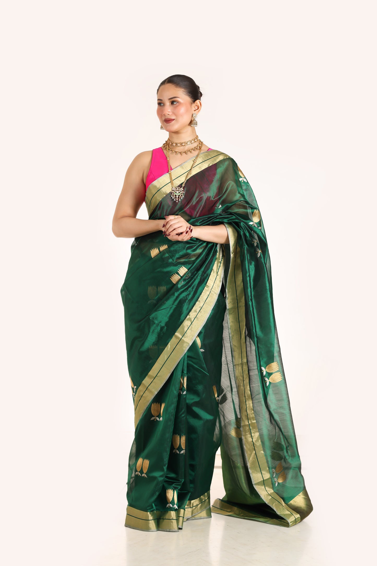 Dark green pure chanderi silk handwoven saree with sona Chandi lotus motif