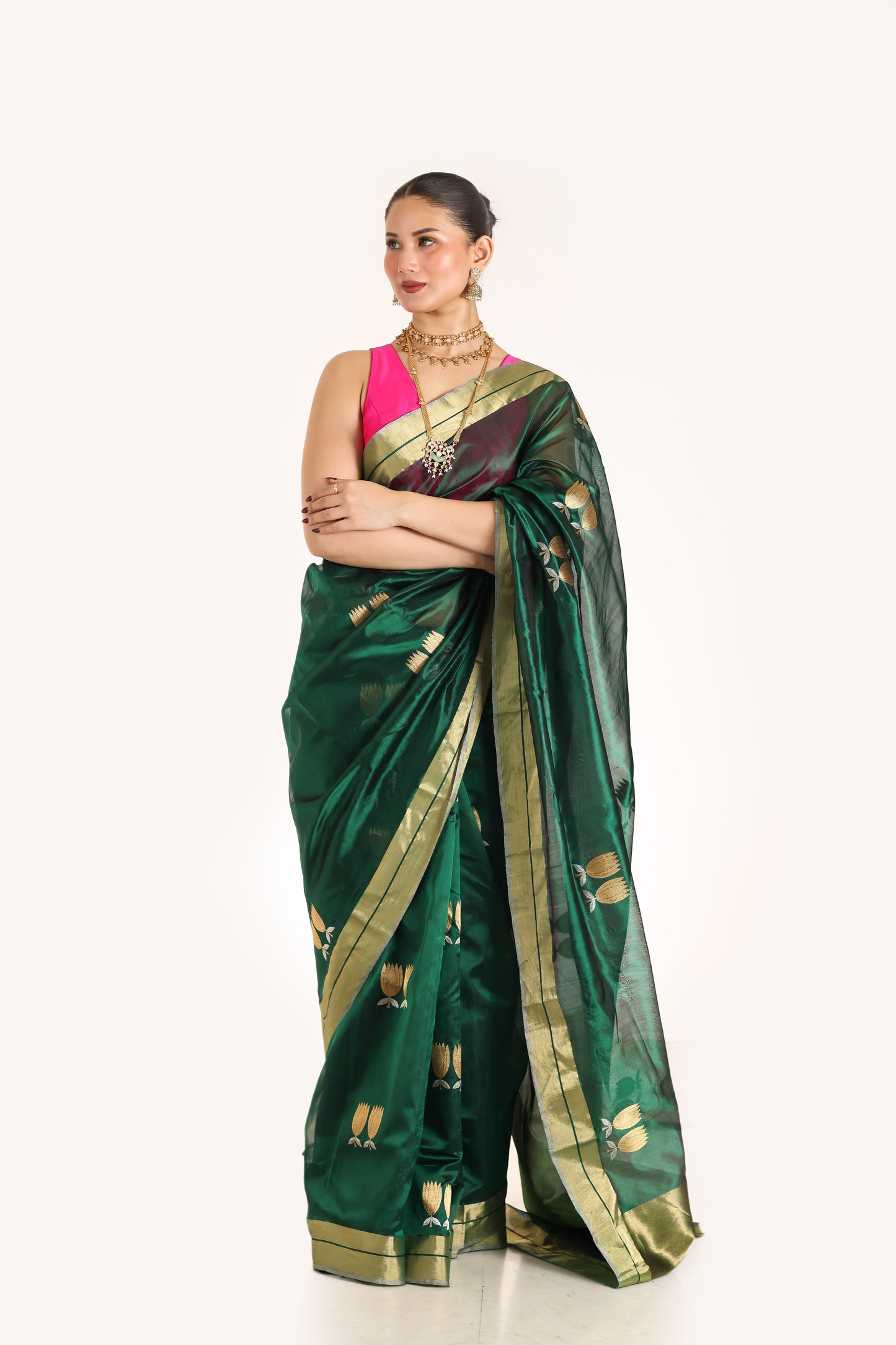 Dark green pure chanderi silk handwoven saree with sona Chandi lotus motif